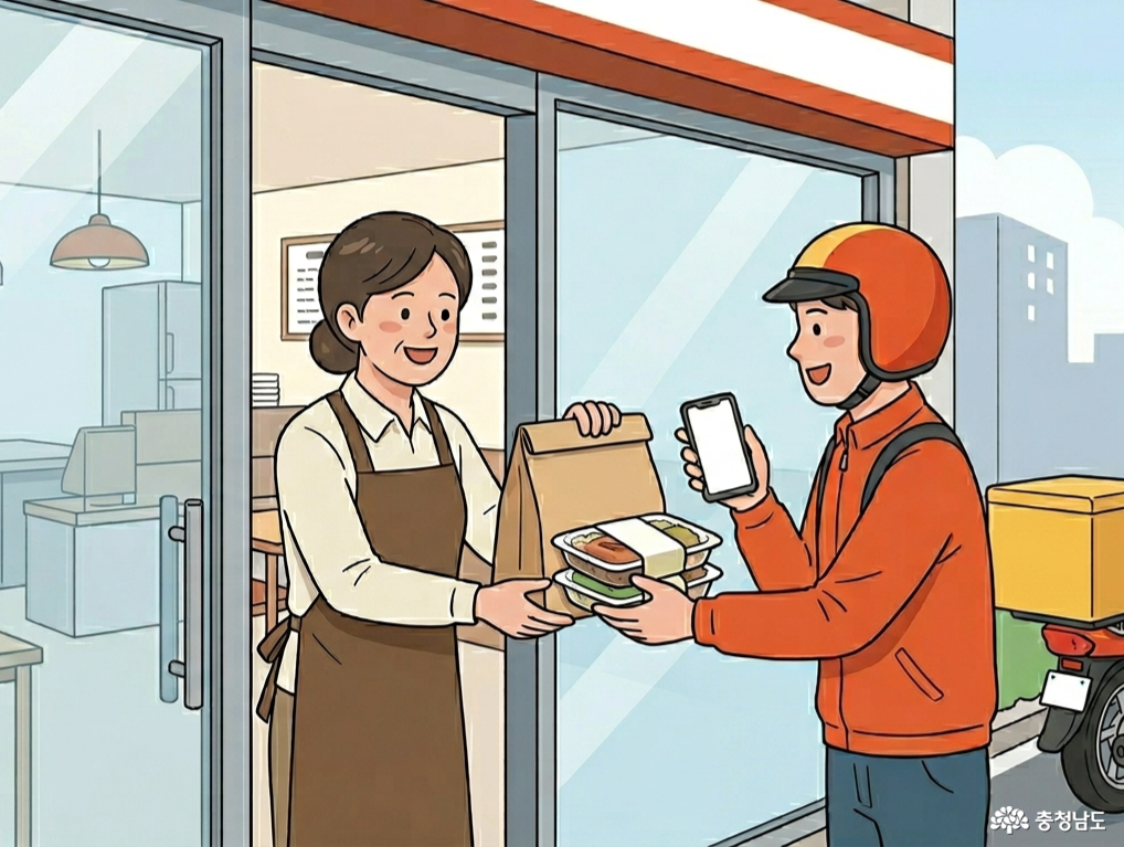 상생 배달앱을 이용하여 무료 배달 서비스를 제공하는 소상공인의 모습. 배달 음식을 전달하는 모습을 그린 일러스트입니다.