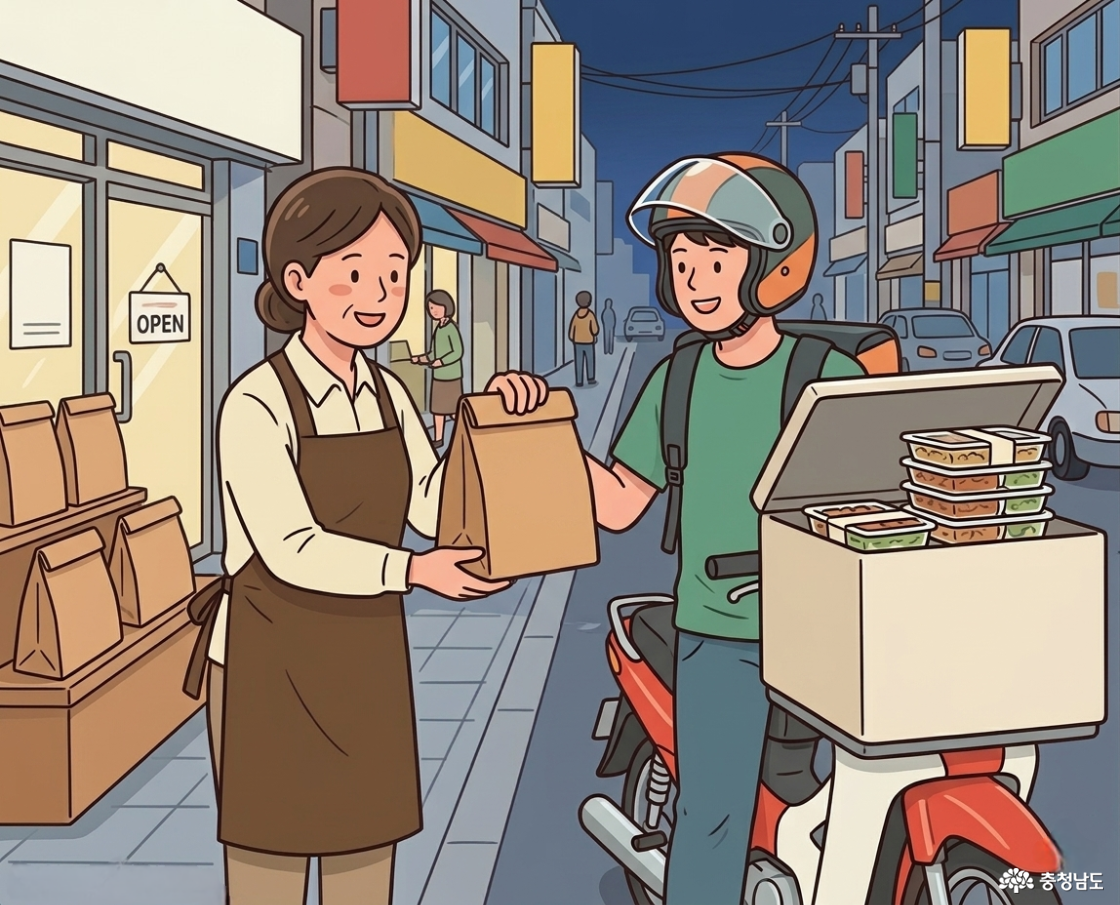 상생 배달앱을 이용하여 무료 배달 서비스를 제공하는 소상공인의 모습. 배달 음식을 전달하는 모습을 그린 일러스트입니다.