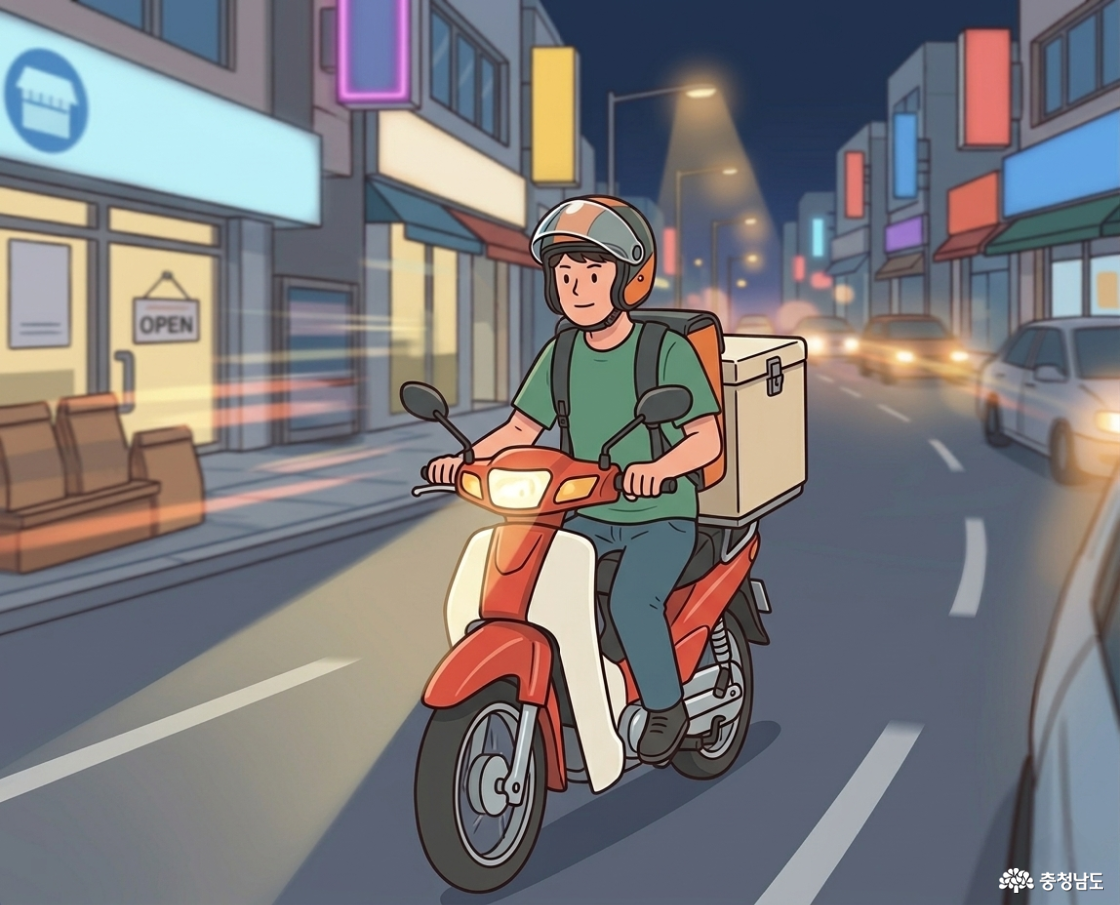 포장한 음식을 배달 중인 배달원의 모습을 그린 일러스트입니다.