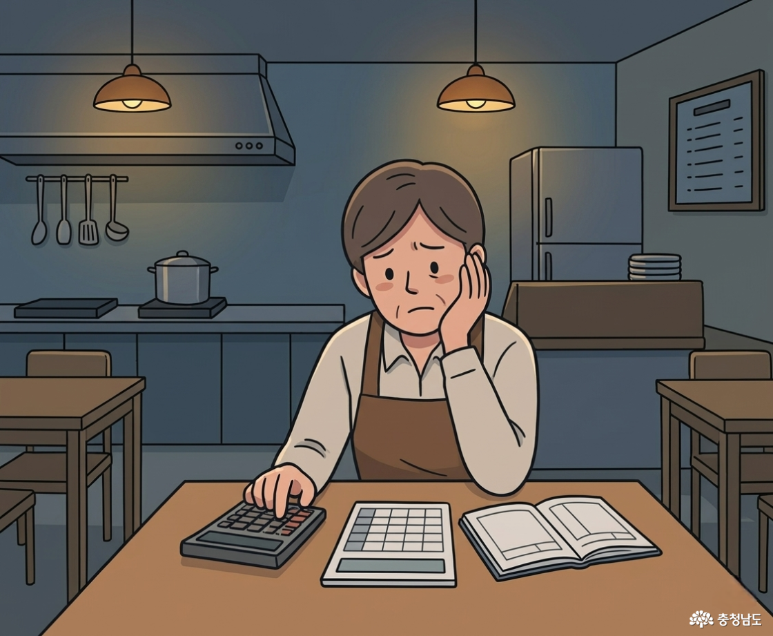 고유가, 고물가, 높은 수수료 등으로 어려움을 겪는 소상공인의 모습. 근심 걱정이 가득한 표정으로 가게 마감하는 소상공인의 모습입니다.