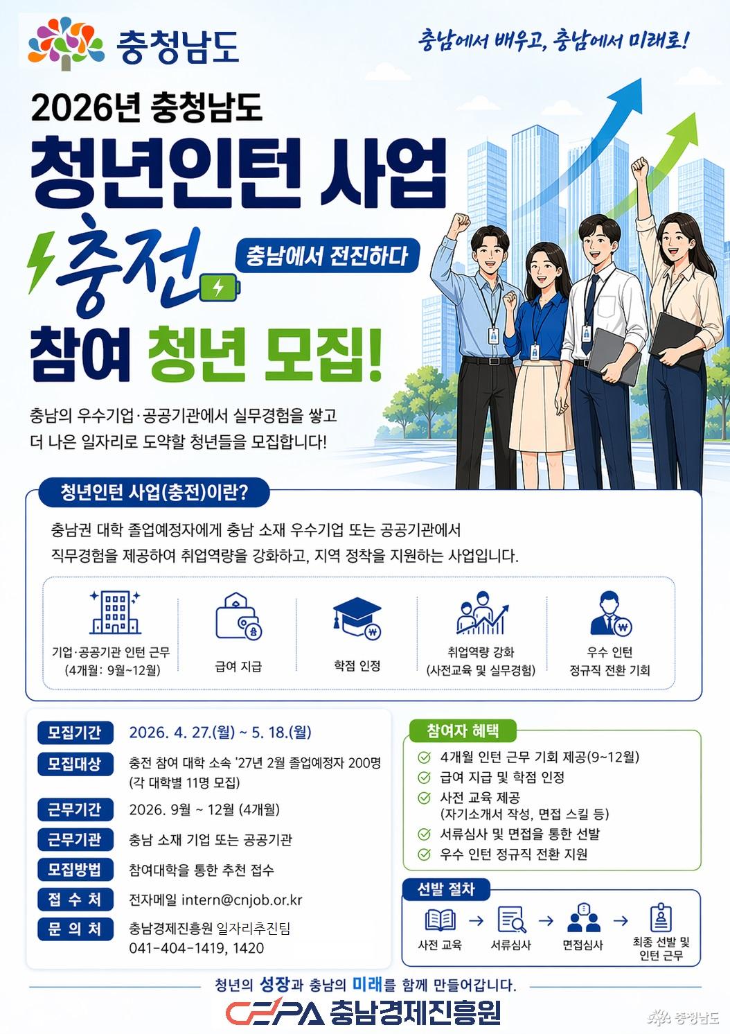 2026년 충청남도 청년인턴 사업(충전) 모집 공고문(공식)입니다. 내용은 기사 본문에 모두 포함하였습니다.