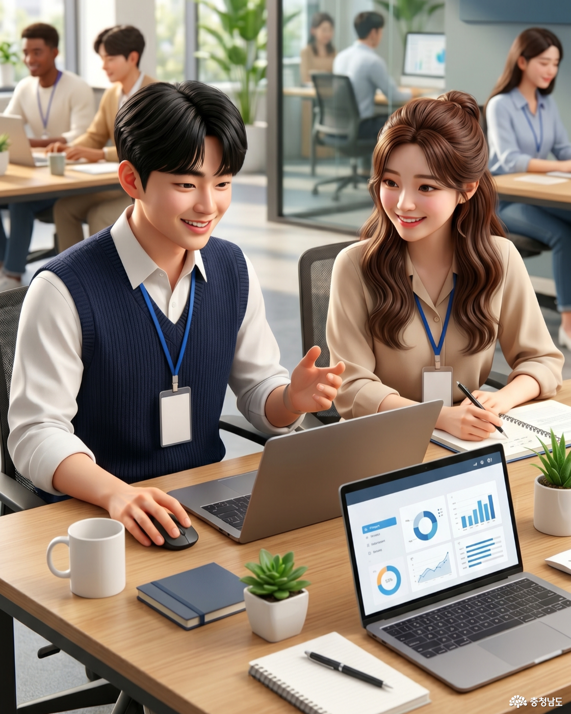 충남 청년 인턴으로 근무 중에 적극적으로 회의에 참여하고 있는 청년 2명의 모습입니다.