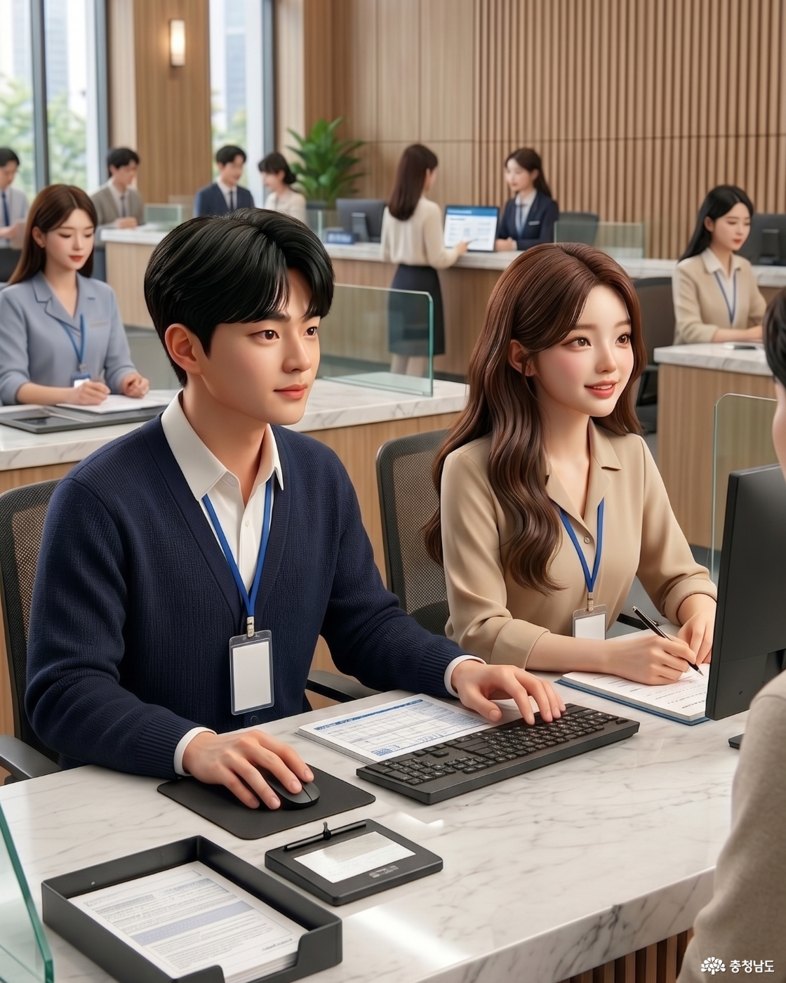 충남 청년 인턴으로 근무 중인 청년 2명이 고객과 소통하고 있는 모습입니다.