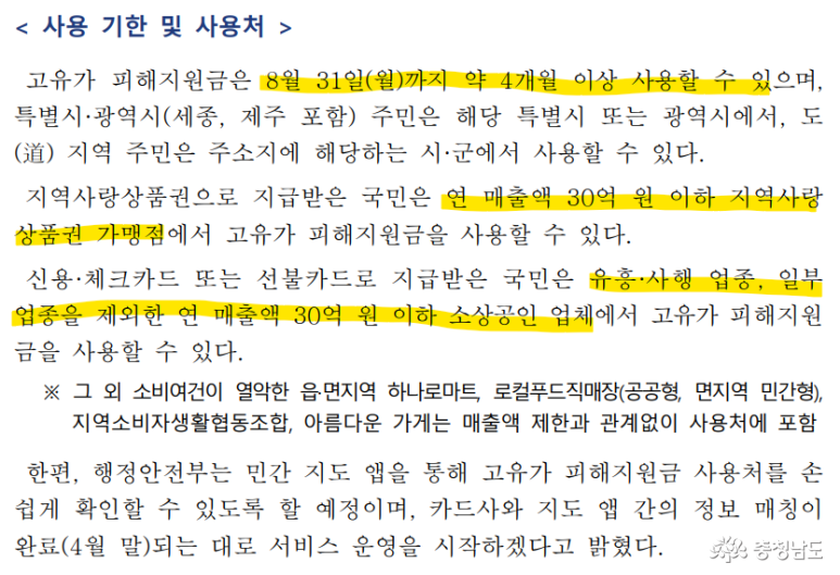 사용 기한: 8월 31일까지, 사용 지역은 신청자 본인의 주소지 기준으로 제한 / 지역사랑상품권: 가맹점 / 신용,체크카드와 선불카드: 유흥·사행업종 등 사용 불가 업종을 제외한 연 매출 30억 원 이하 소상공인 매장에서 사용 가능 / 소비 여건이 열악한 읍·면 지역 하나로마트, 로컬푸드 직매장, 지역 소비자 생활협동조합, 아름다운 가게 등은 매출액 제한과 관계없이 포함