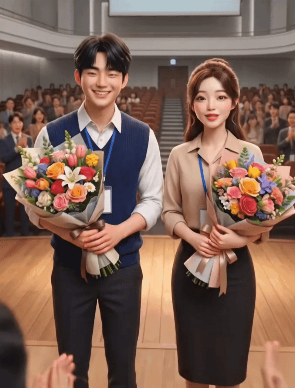 우수 인턴 사원 2명이 축하 받고 있는 모습입니다.