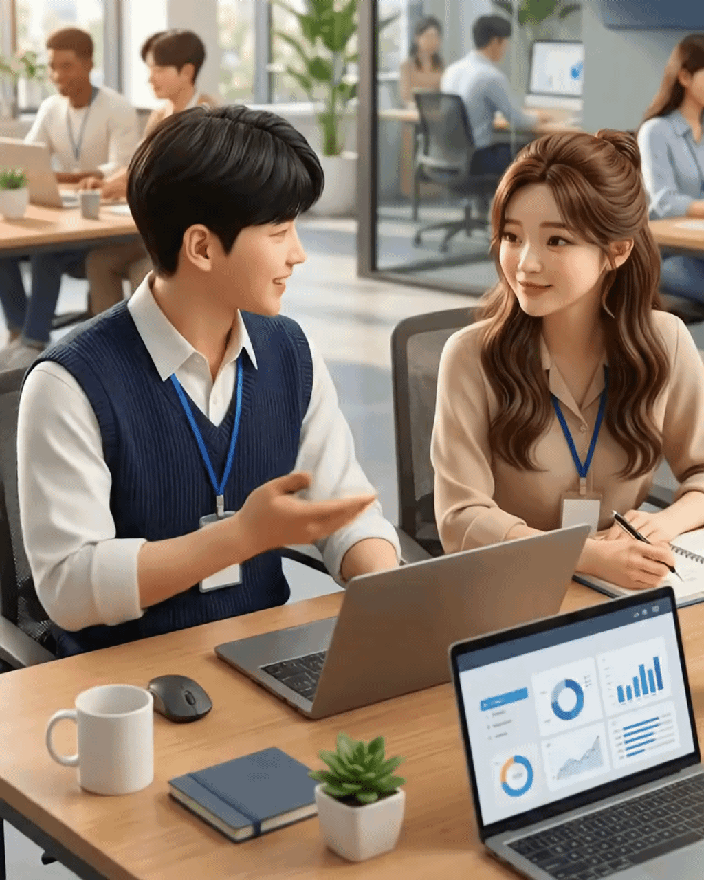 충청남도 청년 인턴으로 근무 중인 청년들이 회의하는 모습입니다.