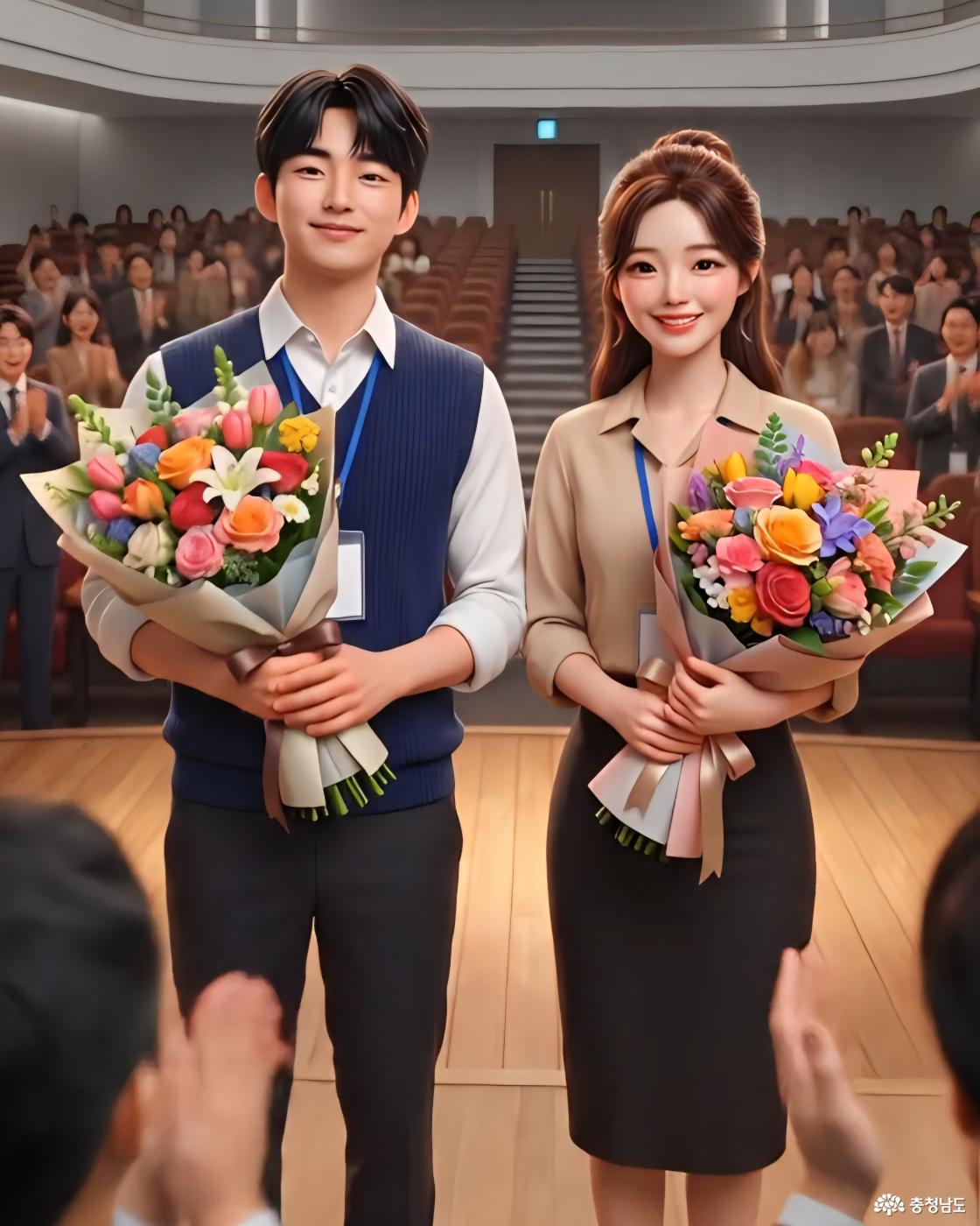 우수 인턴으로 선발된 청년 인턴 2명이 축하 받는 모습입니다.