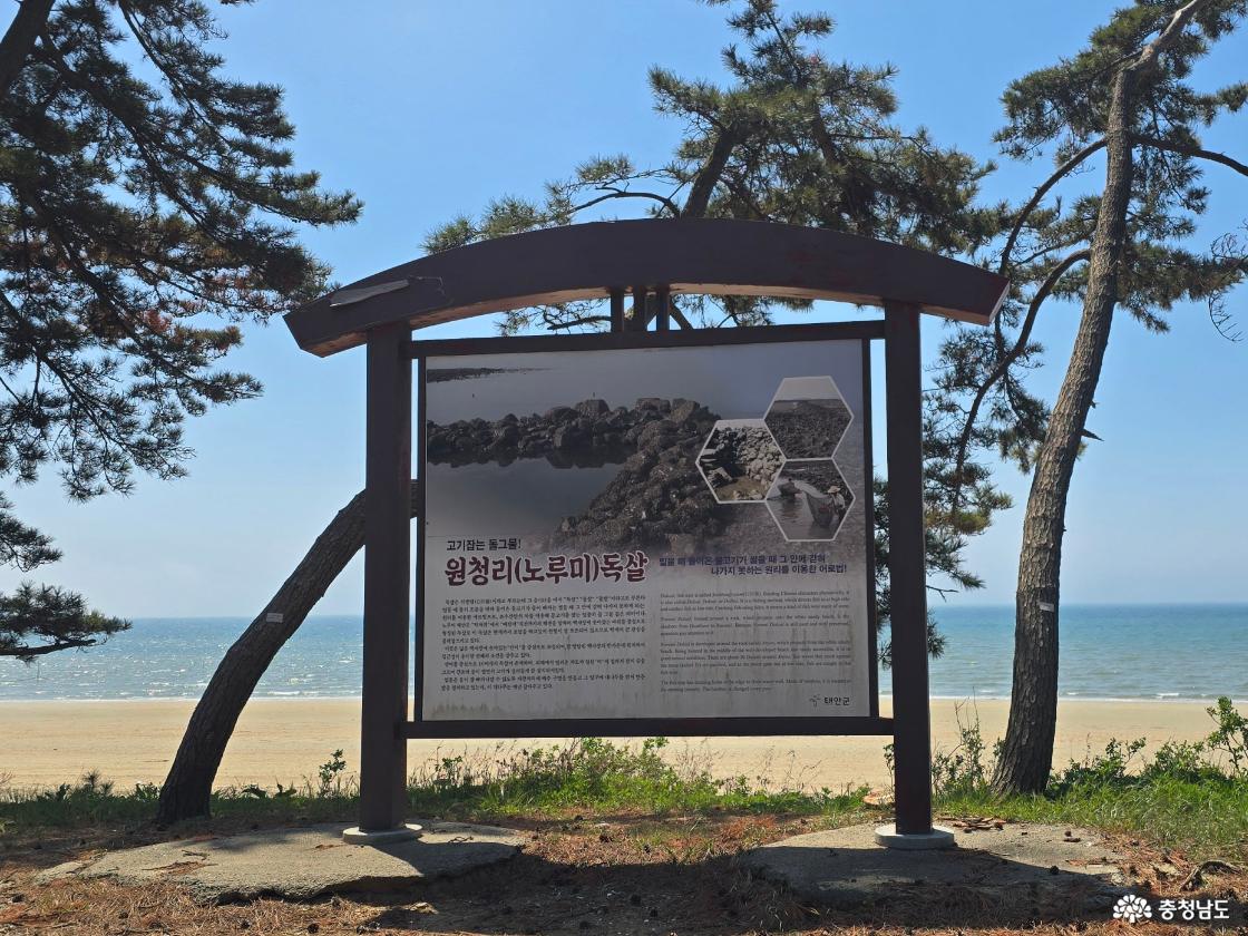 전통 어로 방식인 독살에 대한 설명이 담긴 안내판과 바다 전경