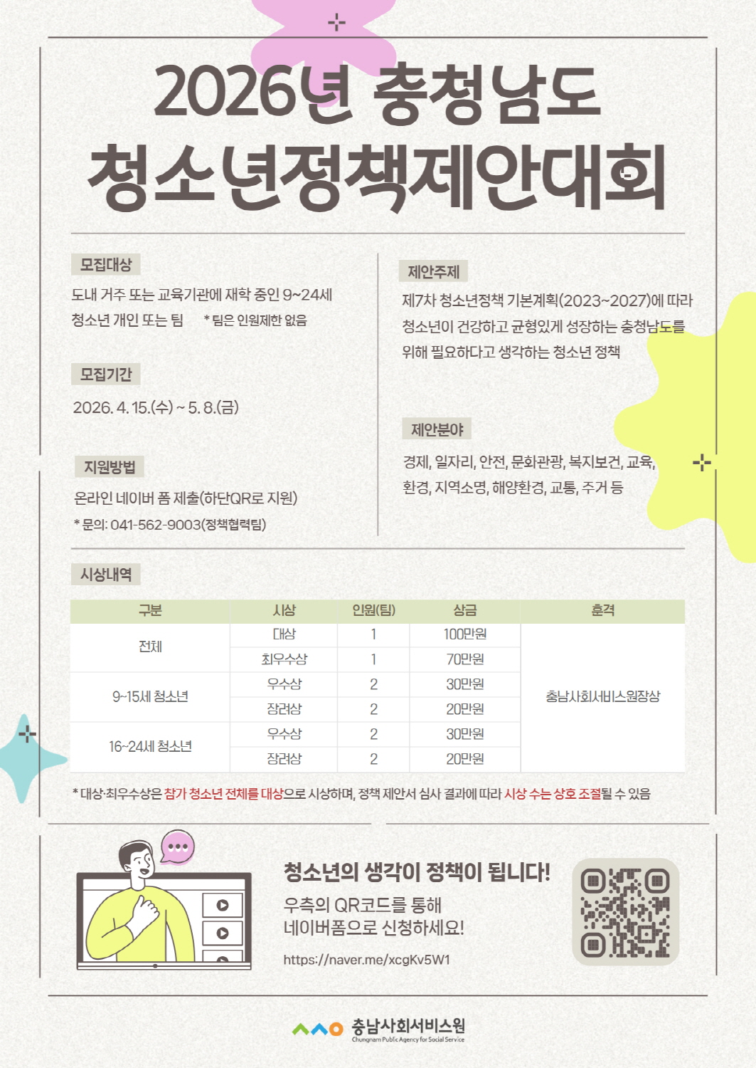 연한 회색 질감 배경의 세로형 안내 포스터다. 상단 중앙에는 분홍색 리본처럼 보이는 장식 위로 큰 갈색 글씨로 “2026년 충청남도 청소년정책제안대회”라고 적혀 있다. 본문은 좌우로 나뉘어 정리되어 있으며, 왼쪽에는 모집대상으로 “도내 거주 또는 교육기관에 재학 중인 9~24세 청소년 개인 또는 팀”이라고 안내하고, 옆에 “팀은 인원제한 없음”이라고 덧붙여 적혀 있다. 그 아래 모집기간은 “2026. 4. 15.(수) ~ 5. 8.(금)”이다. 지원방법은 “온라인 네이버 폼 제출(하단 QR로 지원)”로 안내하며, 문의처는 “041-562-9003(정책협력팀)”이라고 적혀 있다. 오른쪽에는 제안주제로 “제7차 청소년정책 기본계획(2023~2027)에 따라 청소년이 건강하고 균형있게 성장하는 충청남도를 위해 필요하다고 생각하는 청소년 정책”이라고 설명한다. 제안분야는 “경제, 일자리, 안전, 문화관광, 복지보건, 교육, 환경, 지역소멸, 해양환경, 교통, 주거 등”으로 제시되어 있다. 중간의 시상내역 표에는 구분, 시상, 인원(팀), 상금, 훈격이 정리되어 있으며, 전체 부문 대상 1팀 100만원, 최우수상 1팀 70만원, 9~15세 청소년 부문 우수상 2팀 각 30만원과 장려상 2팀 각 20만원, 16~24세 청소년 부문 우수상 2팀 각 30만원과 장려상 2팀 각 20만원으로 안내되어 있고, 훈격은 충남사회서비스원장상으로 표시되어 있다. 표 아래에는 “대상·최우수상은 참가 청소년 전체를 대상으로 시상하며, 정책 제안서 심사 결과에 따라 시상 수는 상호 조절될 수 있음”이라는 안내 문구가 있다. 하단에는 화면 속 인물 일러스트와 함께 “청소년의 생각이 정책이 됩니다! 우측의 QR코드를 통해 네이버폼으로 신청하세요!”라고 적혀 있고, 오른쪽에는 신청용 QR코드가 배치되어 있다. 그 아래에는 네이버폼 주소가 함께 적혀 있으며, 맨 아래 중앙에는 충남사회서비스원 로고와 영문명 “Chungnam Public Agency for Social Service”가 들어가 있다. 전체적으로 청소년이 직접 정책 아이디어를 제안하는 대회의 모집 대상, 제안 주제, 접수 기간, 시상 내용과 신청 방법을 정갈하게 정리한 포스터다.