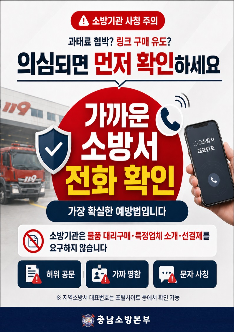 회색 그라데이션 배경의 충남소방본부 안내 포스터다. 상단에는 빨간 경고 표시와 함께 &ldquo;소방기관 사칭 주의&rdquo;라고 적혀 있고, 그 아래에 &ldquo;과태료 협박? 링크 구매 유도? 의심되면 먼저 확인하세요&rdquo;라는 문구가 크게 쓰여 있다. 중앙에는 빨간 원형 배경 위로 &ldquo;가까운 소방서 전화 확인&rdquo;이라는 문구가 흰색과 노란색 큰 글씨로 강조되어 있으며, 아래 파란 띠에는 &ldquo;가장 확실한 예방법입니다&rdquo;라고 적혀 있다. 왼쪽에는 체크 표시가 있는 방패 아이콘과 흐리게 처리된 119 소방차 사진이 보이고, 오른쪽에는 손에 든 스마트폰 화면에 &ldquo;○○소방서 대표번호&rdquo;라고 표시되어 있어 실제 소방서 대표번호 확인을 유도한다. 중간의 흰색 안내 상자에는 &ldquo;소방기관은 물품 대리구매&middot;특정업체 소개&middot;선결제를 요구하지 않습니다&rdquo;라고 적혀 있다. 그 아래 파란색 박스 3개에는 각각 &ldquo;허위 공문&rdquo;, &ldquo;가짜 명함&rdquo;, &ldquo;문자 사칭&rdquo;이라고 쓰여 있어 주요 사칭 유형을 안내한다. 하단에는 &ldquo;※ 지역소방서 대표번호는 포털사이트 등에서 확인 가능&rdquo;이라는 문구가 있으며, 맨 아래 남색 띠에는 충남소방본부 엠블럼과 &ldquo;충남소방본부&rdquo;라고 표시되어 있다. 전체적으로 소방기관을 사칭해 과태료를 언급하거나 링크 구매, 대리구매, 선결제를 유도하는 사기를 경고하고, 가까운 소방서 대표번호로 직접 확인하는 것이 가장 확실한 예방법임을 강조하는 포스터다.