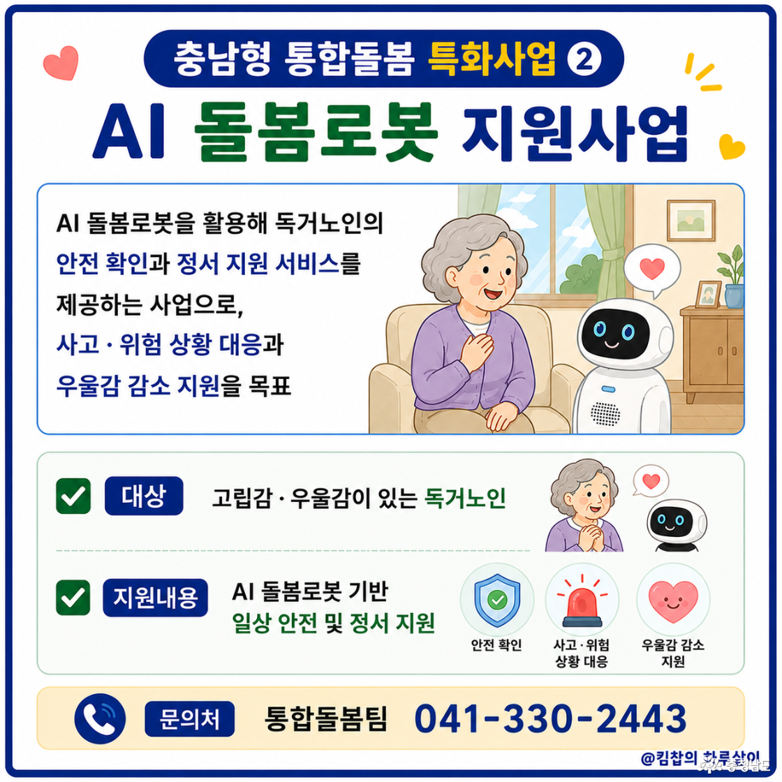 AI 돌봄로봇을 활용해 독거노인의 안전 확인과 정서 지원 서비스를 제공하는 사업으로, 사고· 위험 상황 대응과 우울감 감소 지원을 목표로 하고 있다. ☑️ 대상: 고립감·우울감이 있는 독거노인 ☑️ 지원내용: AI 돌봄로봇 기반 일상 안전 및 정서 지원 ☑️ 문의처: 통합돌봄팀 041-330-2443