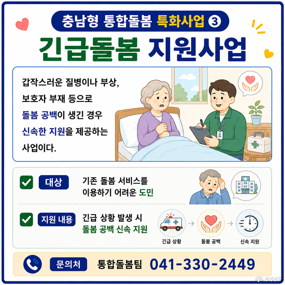 갑작스러운 질병이나 부상, 보호자 부재 등으로 돌봄 공백이 생긴 경우 신속한 지원을 제공하는 사업이다. ☑️ 대상: 기존 돌봄 서비스를 이용하기 어려운 도민 ☑️ 지원 내용: 긴급 상황 발생 시 돌봄 공백 신속 지원 ☑️ 문의처: 통합돌봄팀 041-330-2449