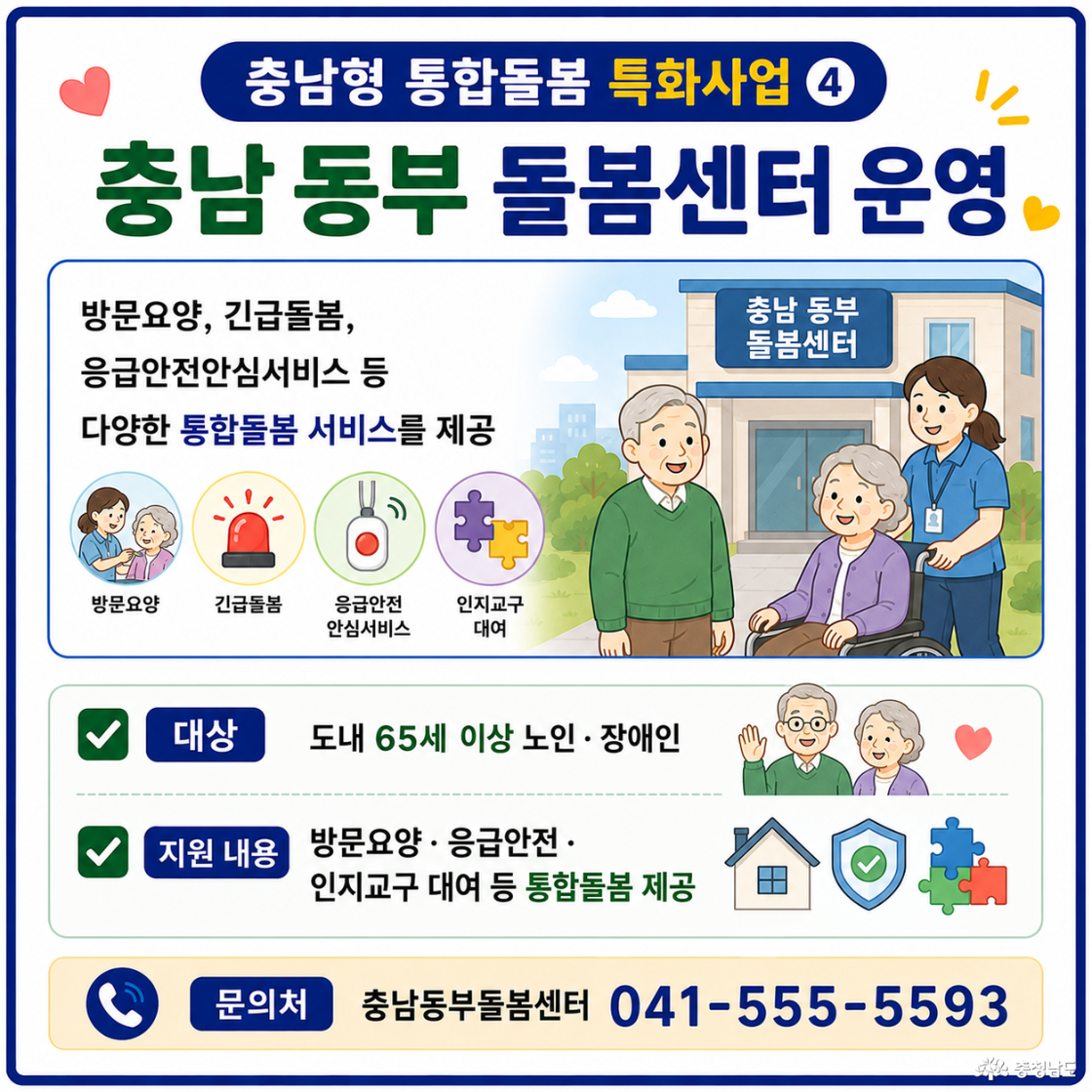 방문요양, 긴급돌봄, 응급안전 안심서비스 등 다양한 통합 돌봄 서비스를 제공한다. ☑️ 대상: 도내 65세 이상 노인·장애인 ☑️ 지원 내용: 방문요양· 응급안전· 인지 교구 대여 등 통합 돌봄 제공 ☑️ 문의처: 충남 동부 돌봄센터 041-555-5593