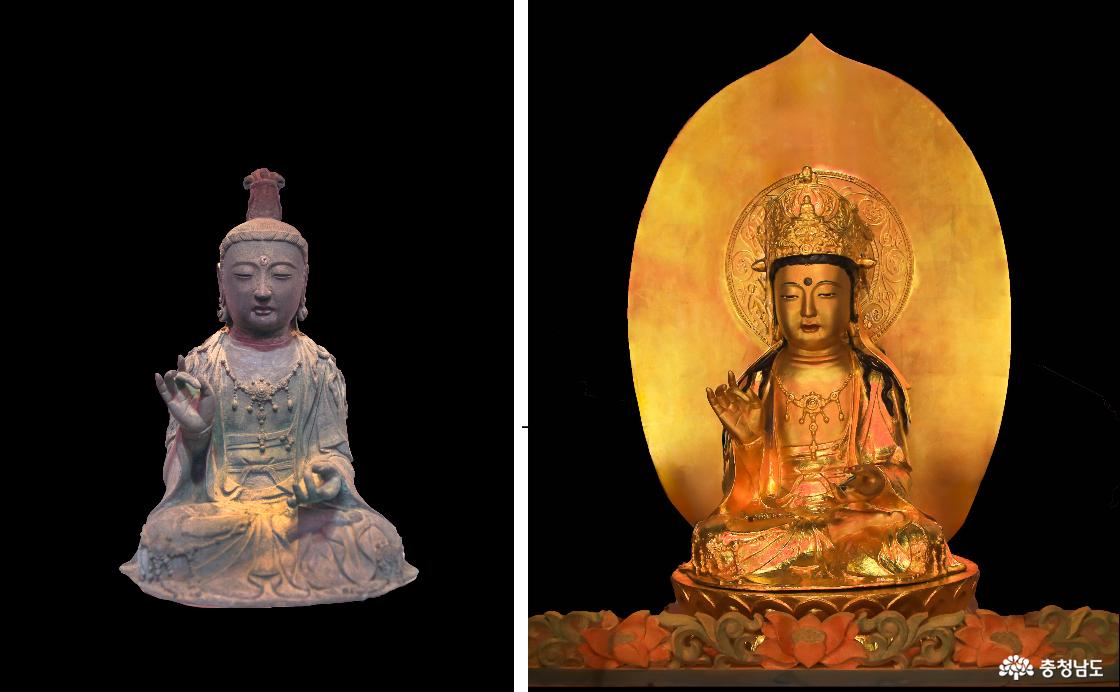금동관음보살좌상 (왼쪽은 원품, 오른쪽은 복원품)