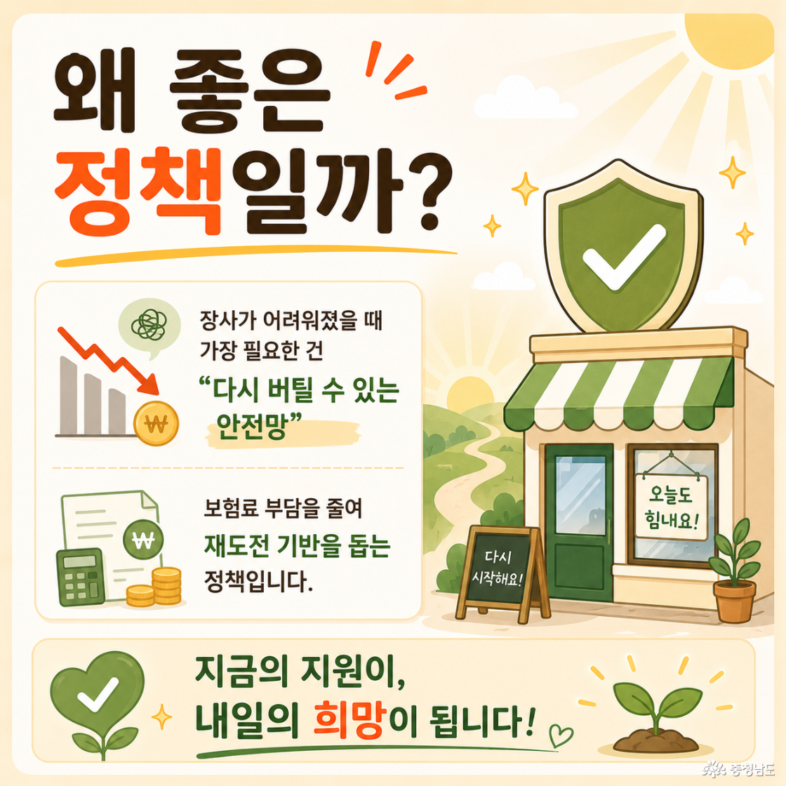 “왜 좋은 정책일까?” 카드뉴스. 어려운 상황 속에서도 다시 버틸 수 있는 안전망의 중요성을 강조하며 보험료 부담 완화와 재도전 기반 지원 의미를 담은 희망적인 일러스트 구성.
