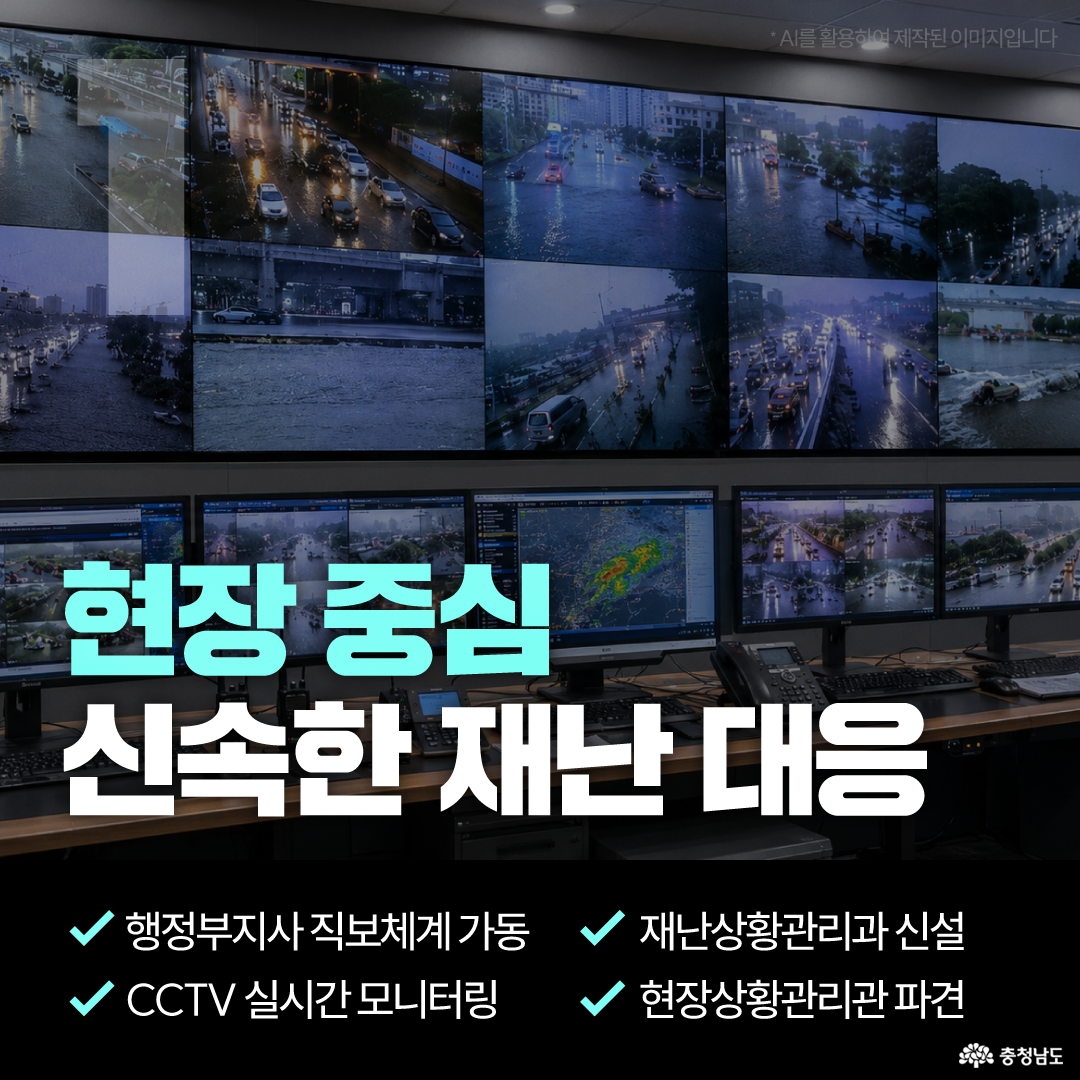 여러 대의 대형 모니터에 비 피해 현장과 도로 상황이 동시에 표시된 재난상황실 모습이 배경으로 사용되었습니다. 화면 하단에는 &lsquo;현장 중심 신속한 재난 대응&rsquo;이라는 문구와 함께 행정부지사 직보체계 가동, CCTV 실시간 모니터링, 재난상황관리과 신설, 현장상황관리관 파견 내용이 체크 목록으로 정리되어 있습니다.