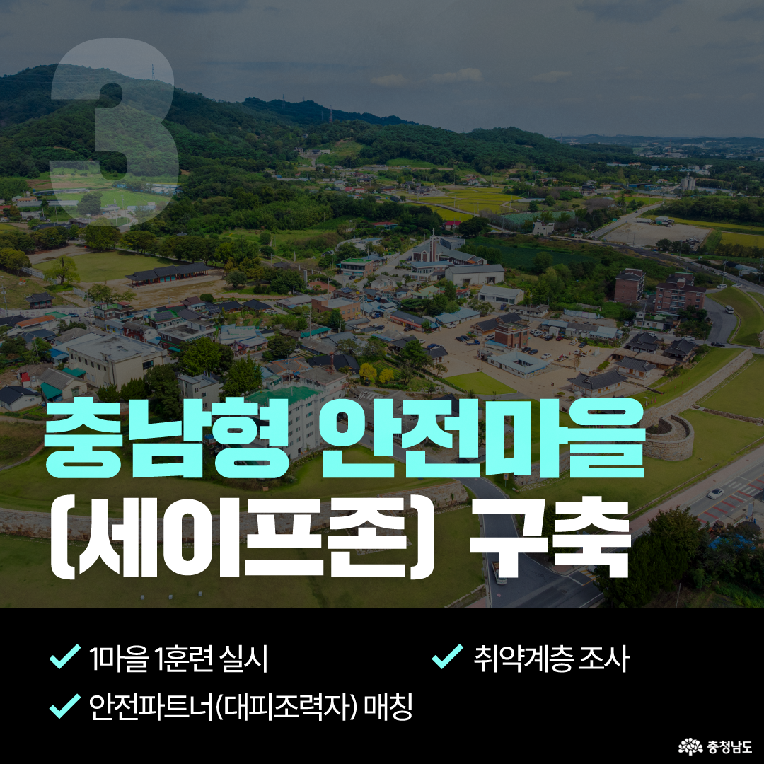 산과 마을이 내려다보이는 항공사진 위에 &lsquo;충남형 안전마을 세이프존 구축&rsquo;이라는 제목이 크게 배치되어 있습니다. 하단에는 1마을 1훈련 실시, 안전파트너 대피조력자 매칭, 취약계층 조사 내용이 체크 표시로 정리되어 있어 마을 단위 재난 대비 체계를 설명합니다.