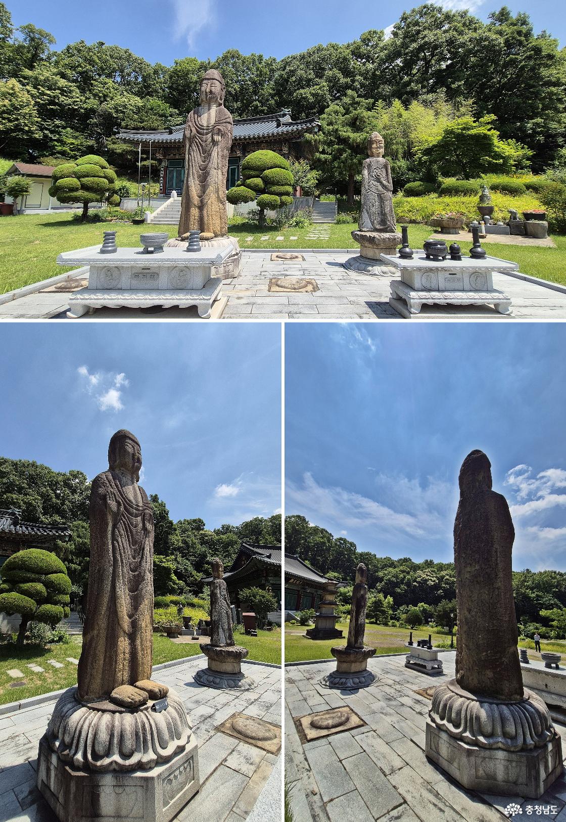 대웅전 앞, 석조여래 입상 2구 / 불상 주의 바닥에서 보이는 여러 개의 옛 주춧돌