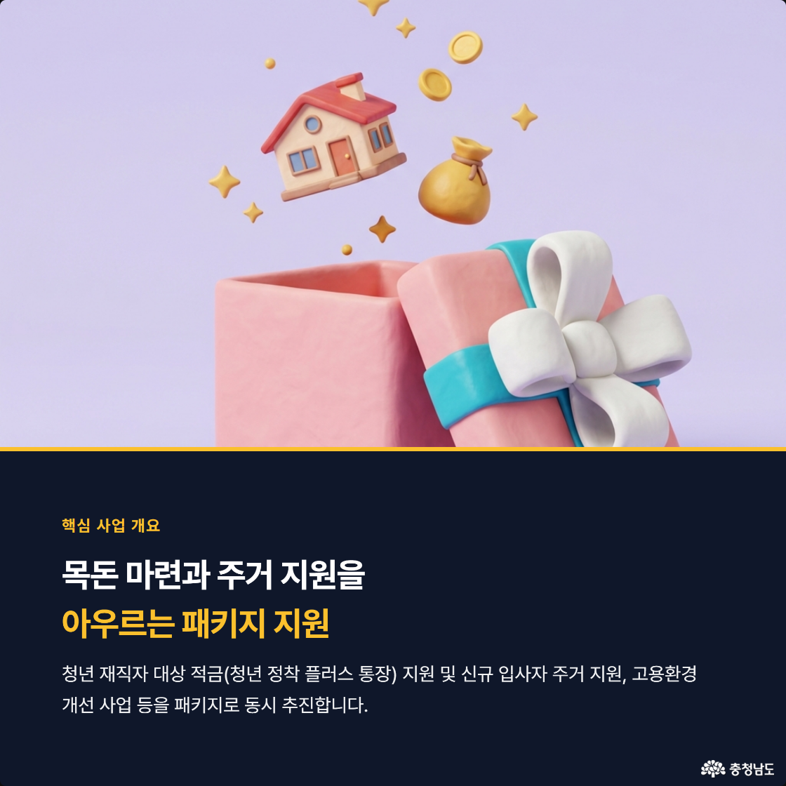 핵심 사업 개요. 목돈 마련과 주건 지원을 아우르는 패키지 지원. 청년 재직자 대상(청년 정착 플러스 통장) 지원 및 신규 입사자 주거 지원, 고용환경 개선 사업 등을 패키지로 동시 추친합니다.