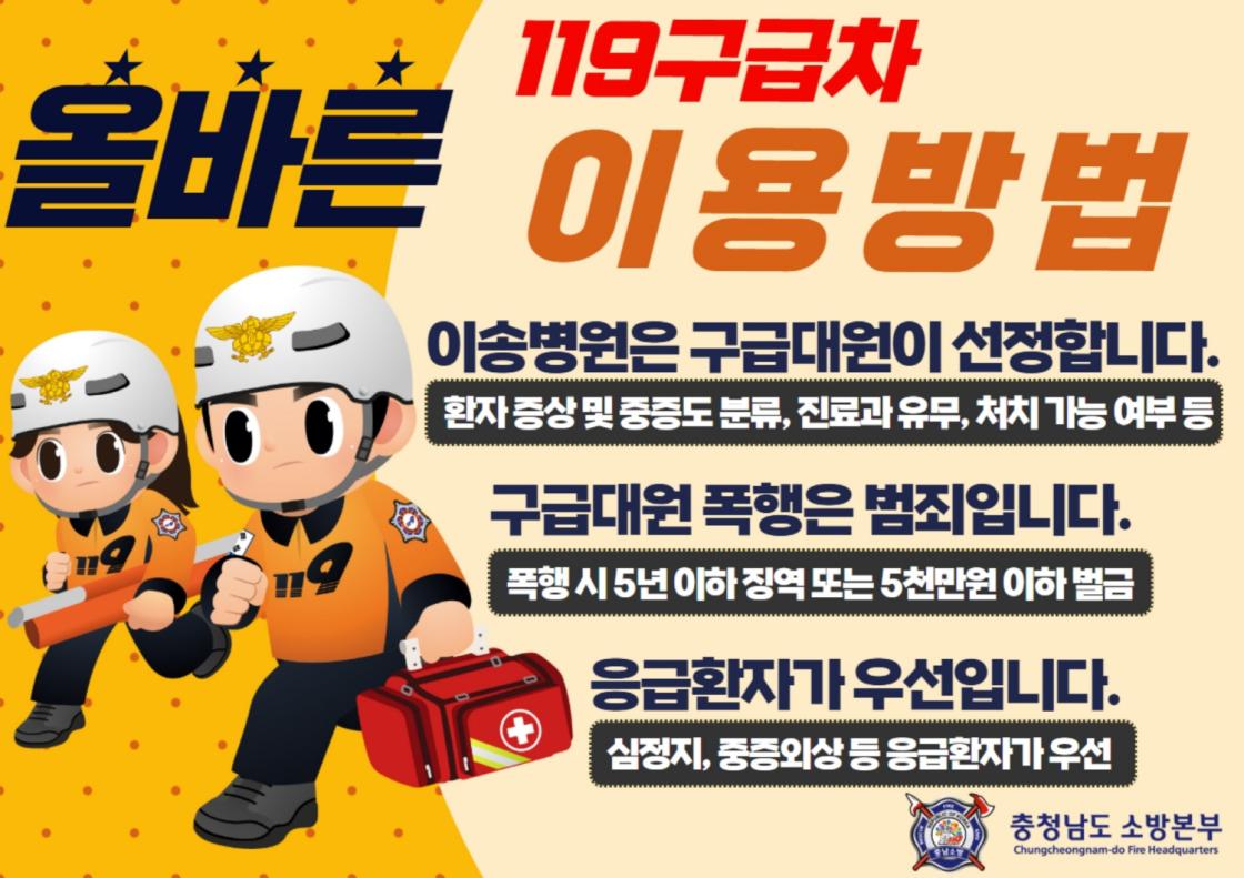 충청남도 소방본부의 119구급차 이용 방법 안내 포스터. 제목은 “올바른 119구급차 이용 방법”이다. 포스터 왼쪽에는 119 구급대원 캐릭터 2명이 구급 장비와 응급가방을 들고 출동하는 모습이 그려져 있다. 주요 안내 내용은 이송병원은 구급대원이 선정한다는 것이다. 환자 증상 및 중증도 분류, 진료과 유무, 처치 가능 여부 등을 고려해 이송병원을 정한다. 또한 구급대원 폭행은 범죄이며, 폭행 시 5년 이하 징역 또는 5천만 원 이하 벌금에 처해질 수 있다고 안내한다. 응급환자가 우선이며, 심정지나 중증외상 등 응급환자가 우선이라는 문구가 표시되어 있다. 하단에는 충청남도 소방본부 로고와 기관명이 표시되어 있다.