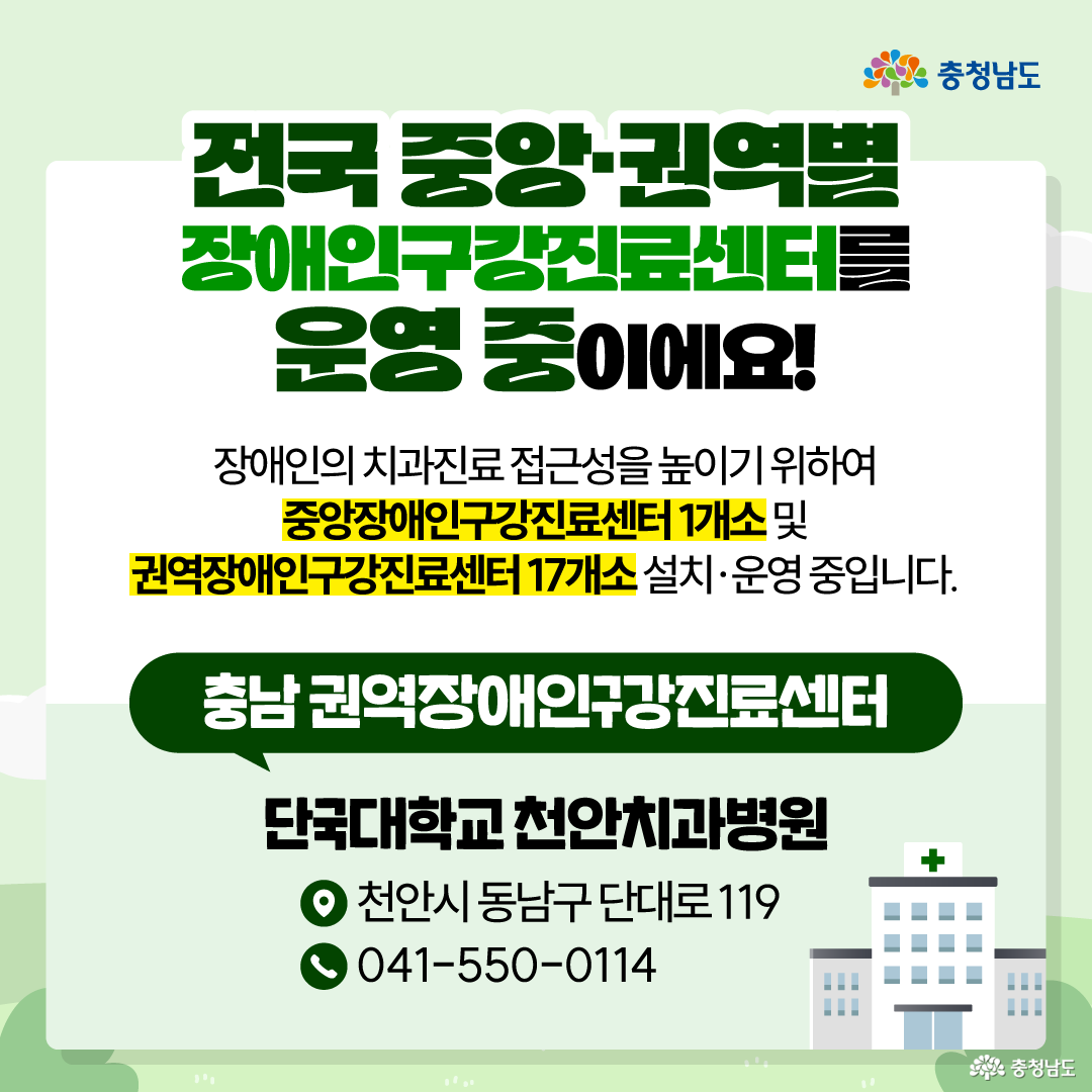 &ldquo;전국 중앙 권역별 장애인구강진료센터를 운영 중이에요!&rdquo;라는 제목과 함께, 장애인의 치과 진료 접근성을 높이기 위해 중앙장애인구강진료센터 1개소와 권역장애인구강진료센터 17개소가 설치&middot;운영 중이라고 안내합니다. 충남 권역장애인구강진료센터는 단국대학교 천안치과병원으로 표시되어 있으며, 주소는 천안시 동남구 단대로 119, 전화번호는 041-550-0114로 제시되어 있습니다. 오른쪽 아래에는 병원 아이콘이 배치되어 충남 지역 진료 거점을 직관적으로 보여줍니다.