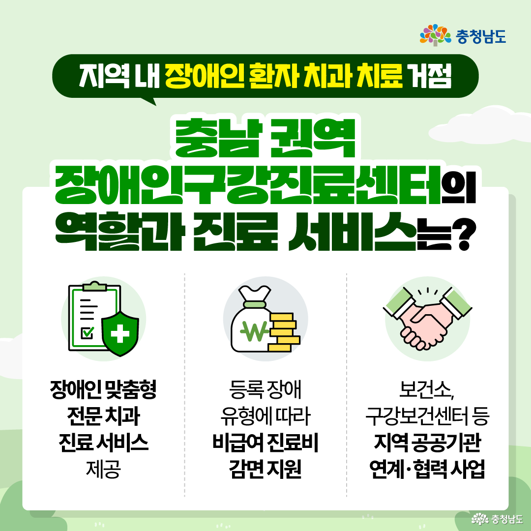 &ldquo;지역 내 장애인 환자 치과 치료 거점, 충남권역 장애인구강진료센터의 역할과 진료 서비스는?&rdquo;이라는 제목 아래 세 가지 역할이 나뉘어 제시되어 있습니다. 첫 번째는 장애인 맞춤형 전문 치과 진료 서비스 제공, 두 번째는 등록 장애 유형에 따른 비급여 진료비 감면 지원, 세 번째는 보건소&middot;구강보건센터 등 지역 공공기관과의 연계&middot;협력 사업입니다. 문서와 방패, 진료비 지원을 상징하는 돈주머니, 협력을 나타내는 악수 아이콘이 각각의 내용을 보조합니다.
