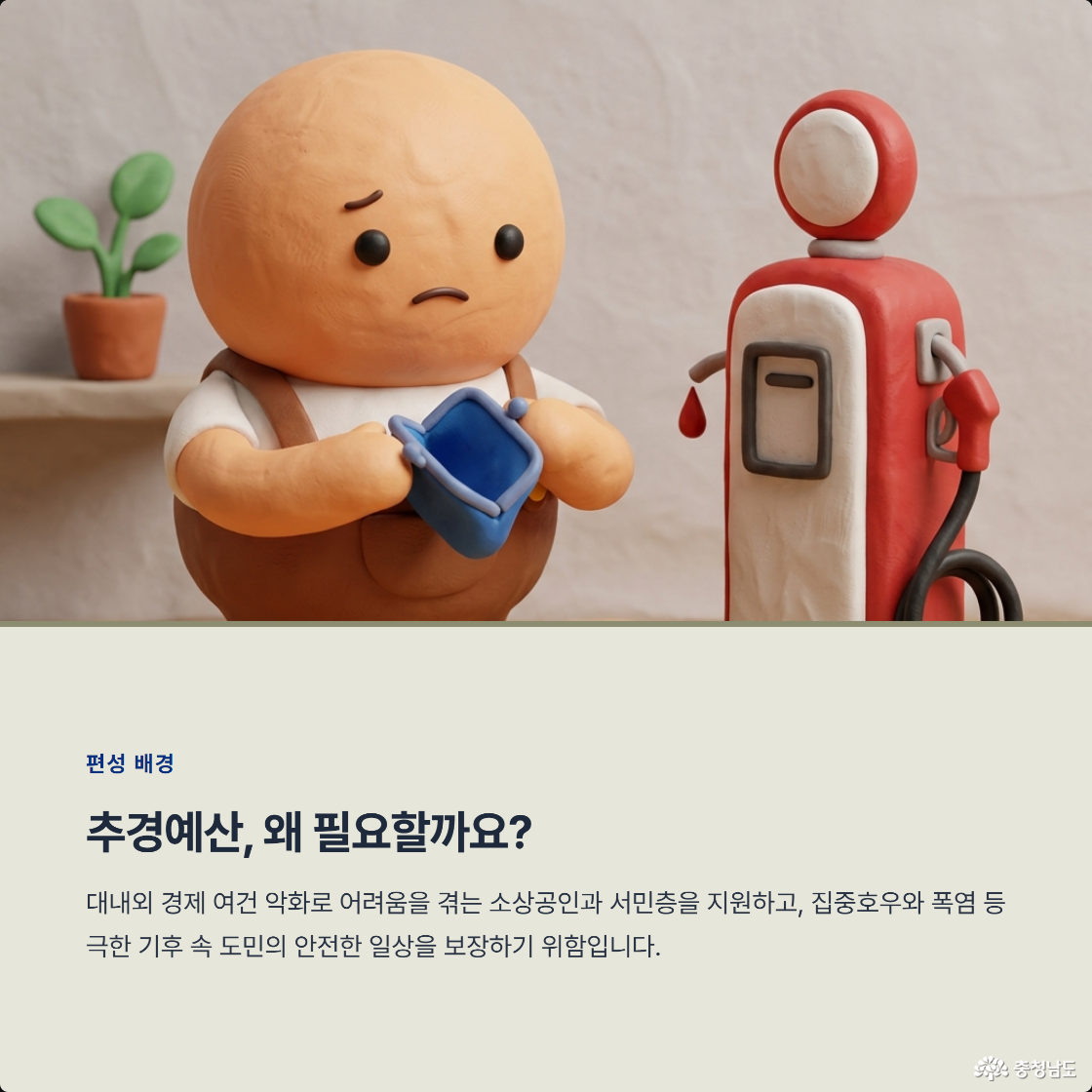 추경예산, 왜 필요할까요? 대내외 경제 여건 악화로 어려움을 겪는 소상공인과 서민층을 지원하고, 집중호우와 폭염 등 극한 기후 속 도민의 안전한 일상을 보장하기 위함입니다.