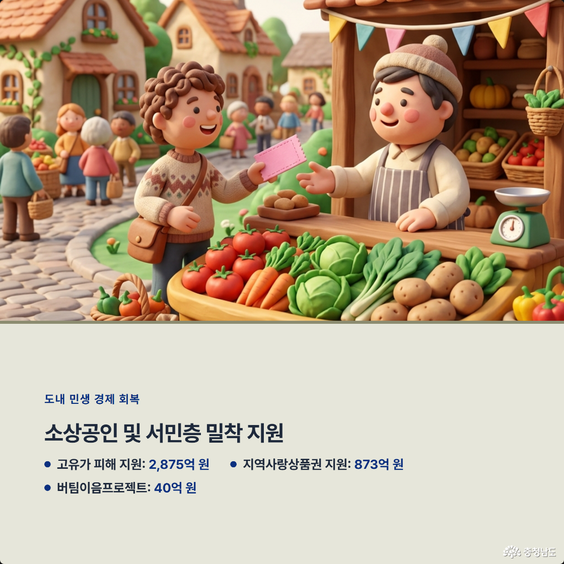 소상공인 및 서민층 밀착 지원. 고유가 피해 지원:2875억 원, 지역사랑상품권 지원 873억 원, 버팀이음프로젝트: 40억 원