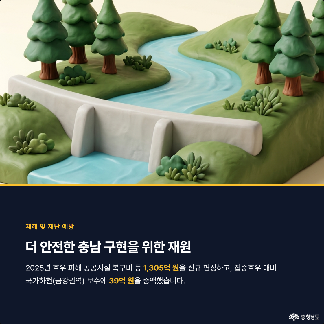 더 안전한 충남 구형을 위한 재원. 2025년 호우 피해 공공시설 복구비 등 1305억 원을 신규 편성하고, 집중호우 대비 국가하천(금강권역) 보수에 39억 원을 증액했습니다.