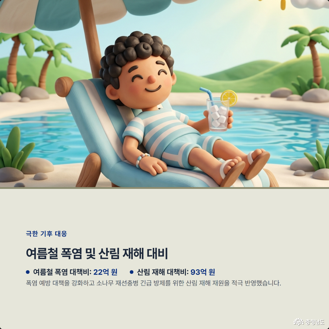 여름철 폭염 및 산림 재해 대비. 여름철 폭염 대책비: 22억 원, 산림 재해 대책비: 93억 원. 폭염 예방 대책을 강화하고 소나무 재선충병 긴급 방제를 위한 산림 재해 재원을 적극 반영했습니다.