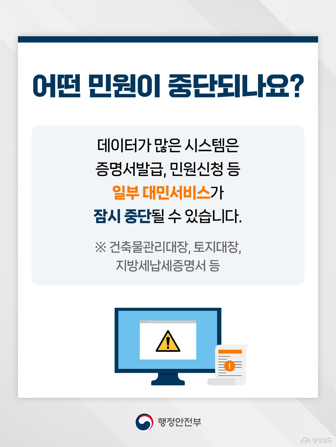 상단에 &ldquo;어떤 민원이 중단되나요?&rdquo;라는 제목이 크게 배치되어 있고, 데이터가 많은 시스템은 증명서 발급, 민원신청 등 일부 대민서비스가 잠시 중단될 수 있다는 내용이 안내되어 있습니다. 예시로 건축물관리대장, 토지대장, 지방세납세증명서 등이 회색 글씨로 표시되어 있습니다. 하단에는 경고 표시가 뜬 모니터와 알림 문서 그림이 있어 민원서비스 이용 중단 상황을 직관적으로 보여줍니다.