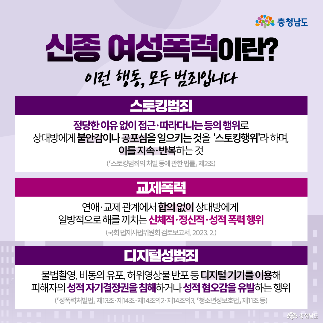 연보라색 배경 상단에 &ldquo;신종 여성폭력이란? 이런 행동, 모두 범죄입니다&rdquo;라는 제목이 크게 적혀 있습니다. 본문은 세 개의 흰색 안내 박스로 구성되어 있으며, 스토킹범죄는 정당한 이유 없이 접근하거나 따라다니며 불안감과 공포심을 일으키는 행위, 교제폭력은 연애&middot;교제 관계에서 합의 없이 신체적&middot;정신적&middot;성적 해를 끼치는 행위라고 설명합니다. 마지막 박스에는 디지털성범죄가 불법촬영, 비동의 유포, 허위영상물 반포 등 디지털 기기를 이용해 성적 자기결정권을 침해하거나 성적 혐오감을 유발하는 행위라고 안내되어 있습니다.