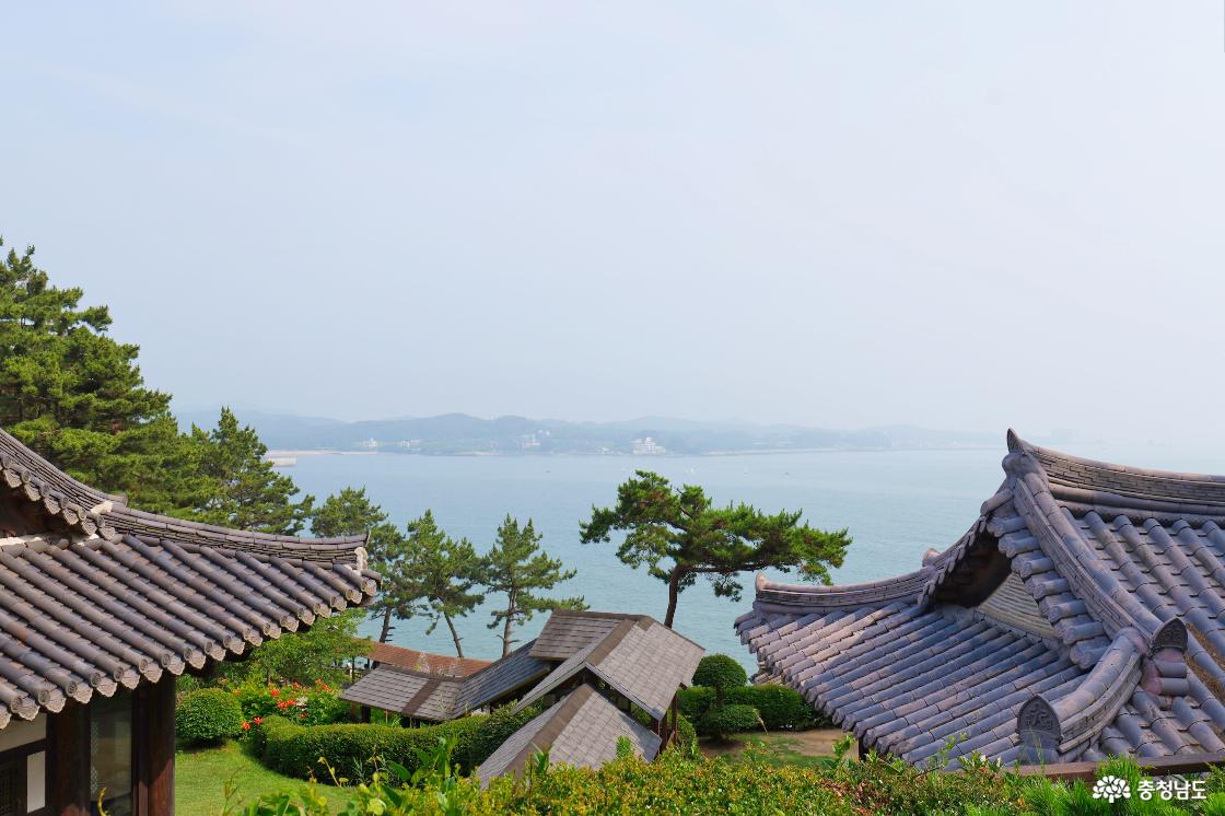 죽도에서 바라본 한옥과 바다