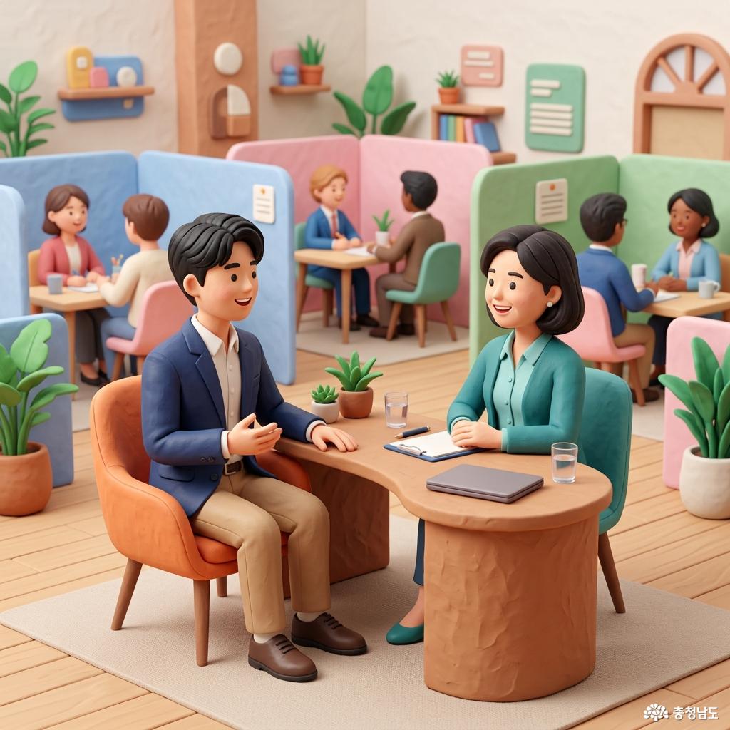 2026년 충청남도 청년인턴 사업 '충전'의 만남의 날 현장 면접 중인 그림입니다.