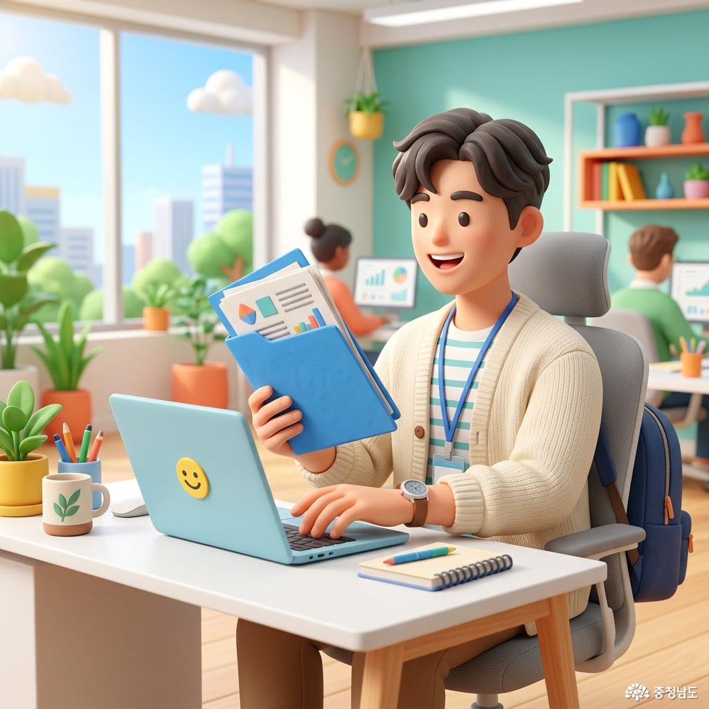 사원증을 목에 건 청년 인턴이 밝은 표정으로 사무실 책상에 앉아 노트북과 서류를 확인하며 업무를 하고 있습니다.