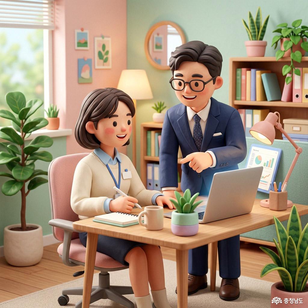 인턴 근무 중인 청년의 모습입니다. 업무 지도를 받고 있습니다.