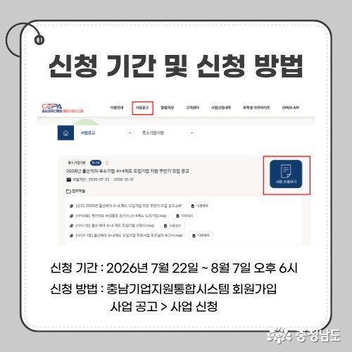 신청 기간 : 2026년 7월 22일 ~ 8월 7일 오후 6시 / 신청은 충남기업통합시스템에서 가능하다.