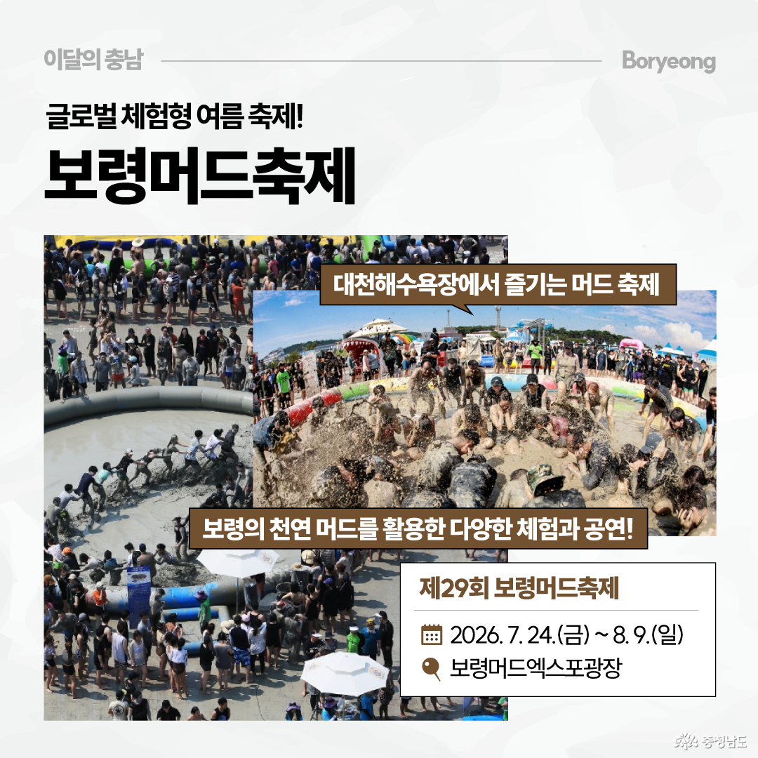보령머드축제를 소개하는 카드로, 대천해수욕장 일대에서 많은 사람들이 머드를 뒤집어쓰고 체험을 즐기는 사진이 배치되어 있습니다. 제29회 보령머드축제는 2026년 7월 24일부터 8월 9일까지 보령머드엑스포광장에서 열린다고 안내합니다.