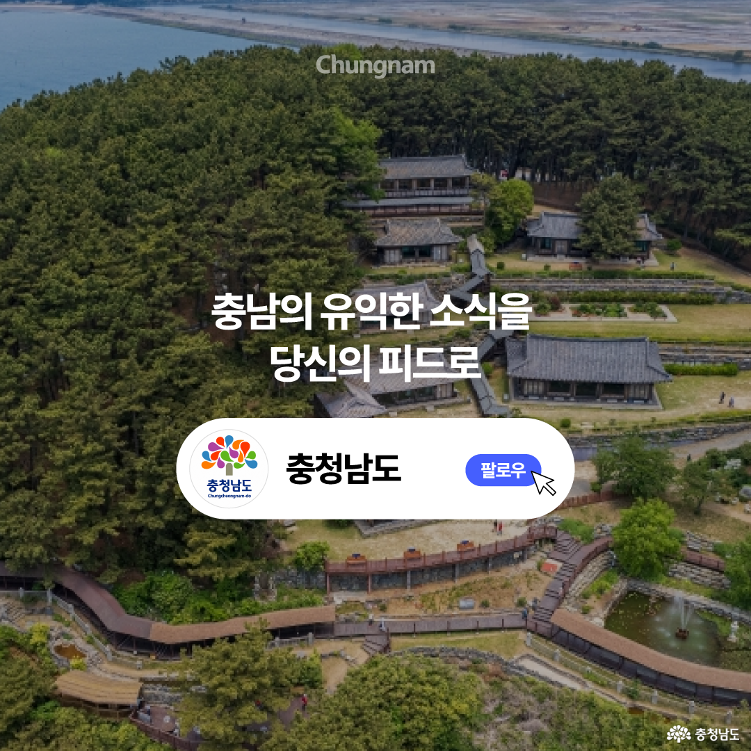 높은 곳에서 내려다본 보령의 전통 건축물과 숲, 연못, 산책로가 배경으로 깔려 있습니다. 중앙에는 &ldquo;충남의 유익한 소식을 당신의 피드로&rdquo;라는 문구와 충청남도 공식 계정 팔로우 버튼 이미지가 배치되어 있습니다.