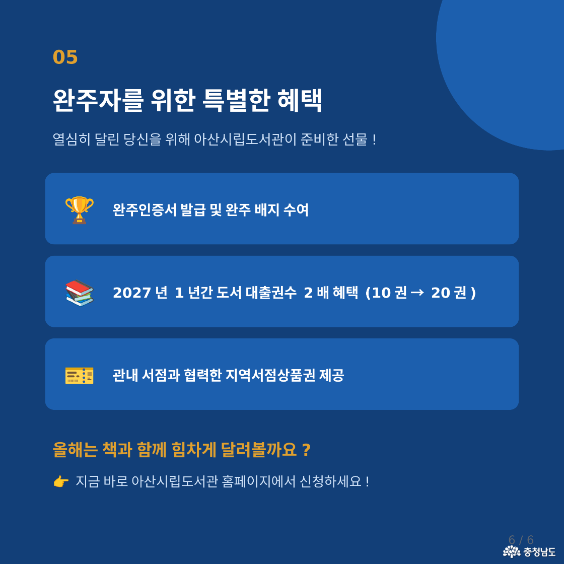 05. 완주자를 위한 특별한 혜택. 완주인증서와 배지 수여. 2027년 1년간 도서 대출 권수 10권에서 20권으로 2배 확대. 관내 서점과 협력한 지역서점상품권 등 문화혜택. 올해는 책과 함께 힘차게 달려볼까요? 아산시립도서관 홈페이지에서 신청.