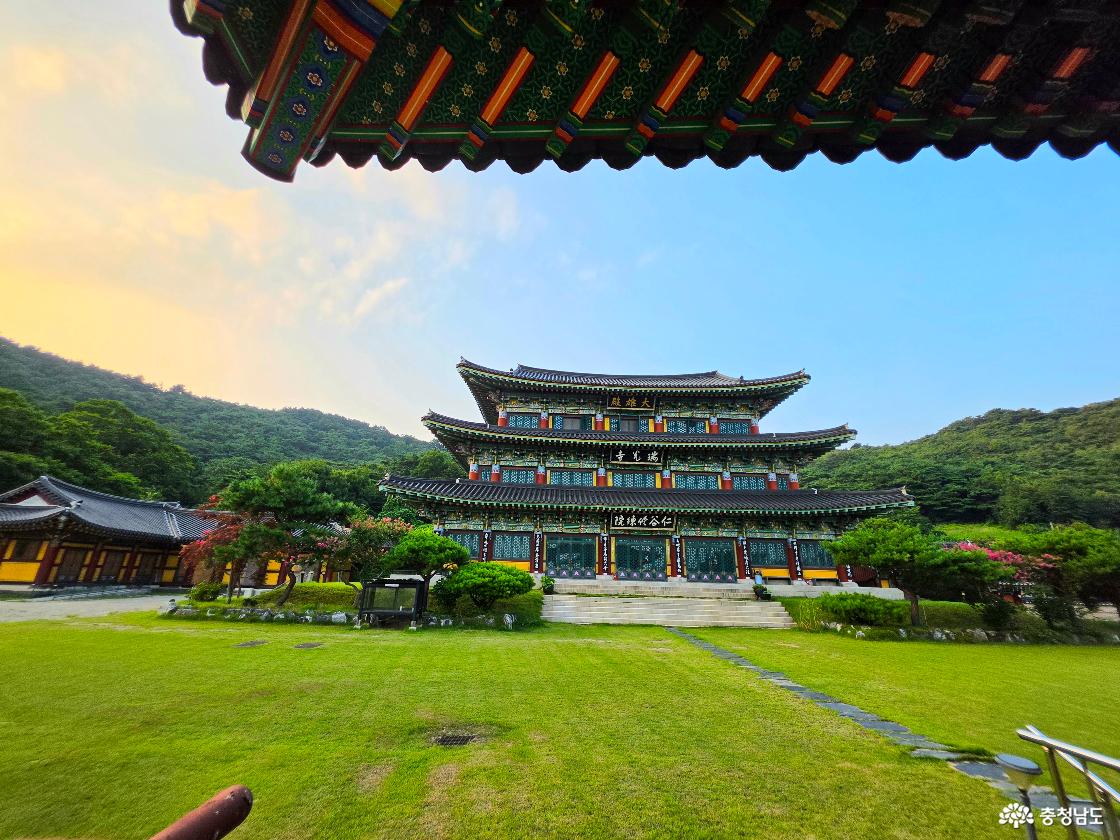 저녁빛이 번지는 부춘산 자락 아래, 서광사 대웅전과 넓은 초록 잔디마당이 한눈에 들어왔다. 처마 아래에서 바라본 풍경은 한여름의 열기마저 잠시 잊게 했다. 