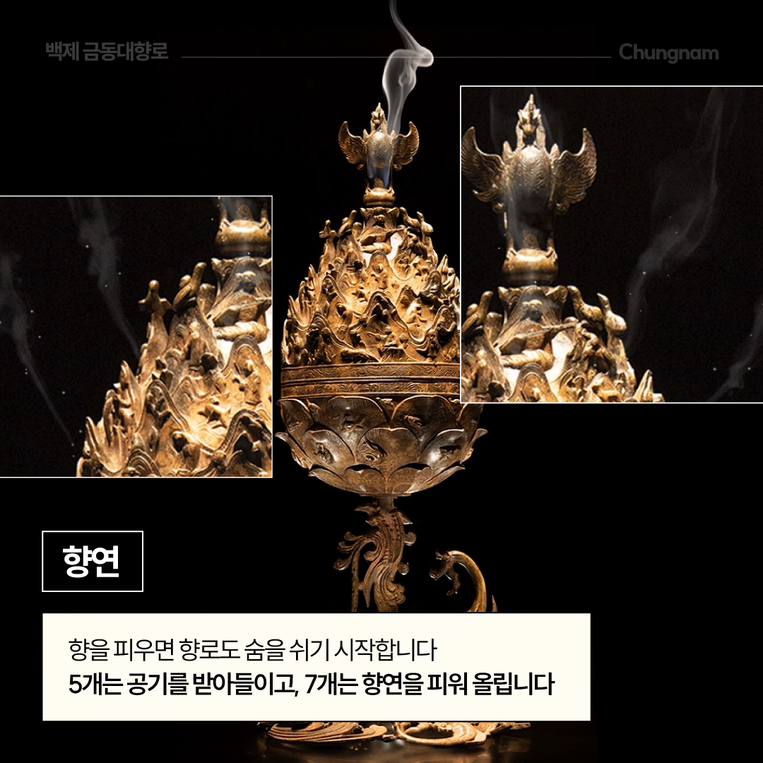 검은 배경 중앙에 백제 금동대향로 전체가 놓여 있고, 꼭대기 봉황과 향로 몸체 곳곳에서 흰 향연이 피어오르는 모습을 두 개의 확대 사진으로 함께 보여줍니다. 하단에는 &ldquo;향연&rdquo;이라는 제목과 함께 향을 피우면 향로가 숨을 쉬듯 5개 구멍으로 공기를 받아들이고 7개 구멍으로 향연을 내보낸다는 설명이 적혀 있습니다.