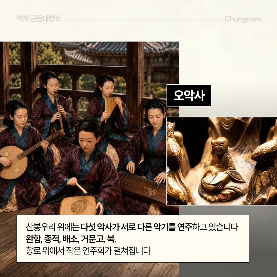 전통 목조 누각 안에서 다섯 명의 여성 악사가 완함&middot;종적&middot;배소&middot;거문고&middot;북을 각각 연주하는 모습을 재현한 장면과, 금동대향로에 새겨진 작은 악사 조각의 확대 사진이 함께 배치되어 있습니다. 하단에는 산봉우리 위의 다섯 악사가 서로 다른 악기를 연주하며 향로 위에서 작은 연주회를 펼친다는 설명이 적혀 있습니다.