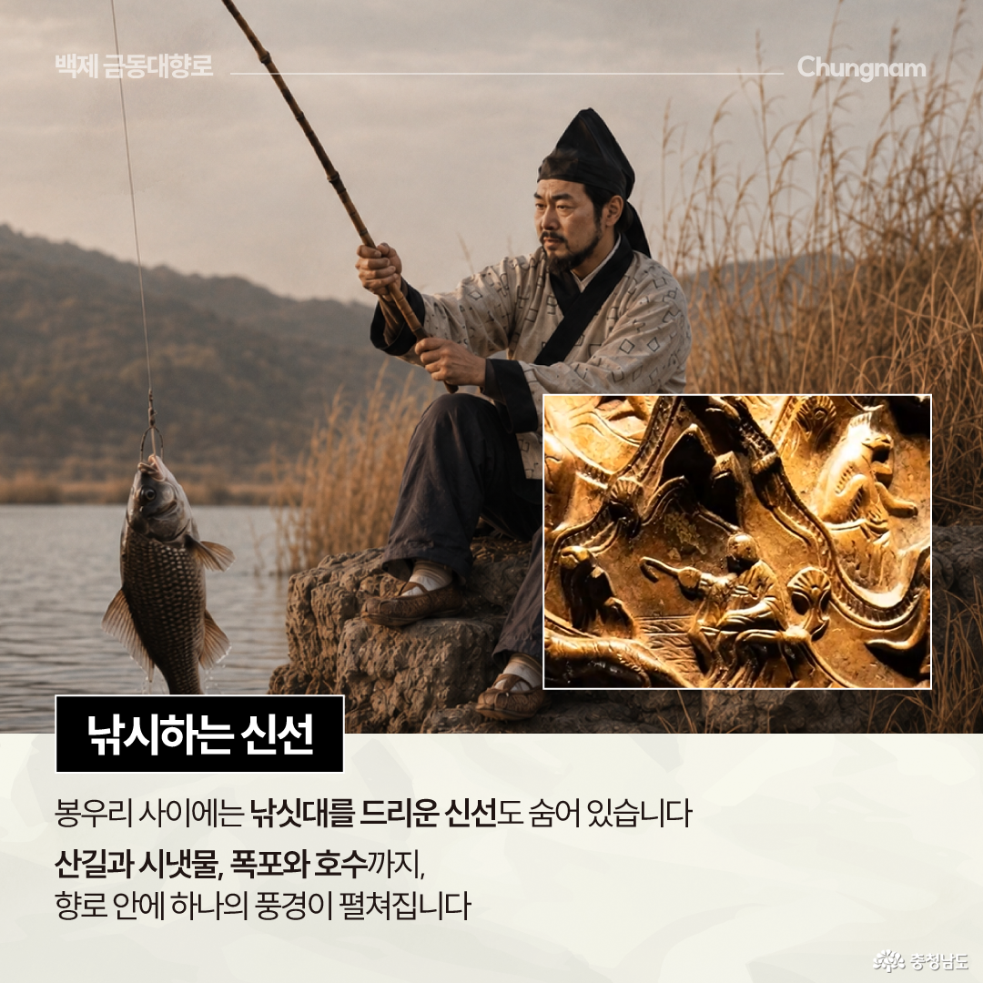 갈대가 무성한 호숫가 바위에 전통 복장을 입은 남성이 앉아 낚싯대로 물고기를 끌어 올리는 장면이 펼쳐지고, 오른쪽 아래에는 금동대향로에 새겨진 낚시하는 신선 조각을 확대한 사진이 삽입되어 있습니다. 하단에는 &ldquo;낚시하는 신선&rdquo;이라는 제목과 함께 봉우리 사이에 낚싯대를 드리운 신선이 숨어 있으며, 산길과 시냇물&middot;폭포&middot;호수까지 향로 안에 하나의 풍경으로 표현되어 있다는 설명이 적혀 있습니다.