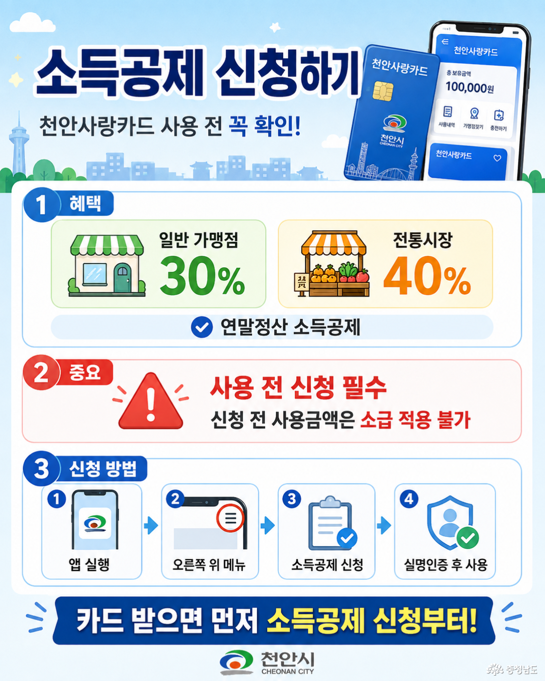 카드 사용 전 천안사랑카드어플에서 소득 공제를 신청해야한다.