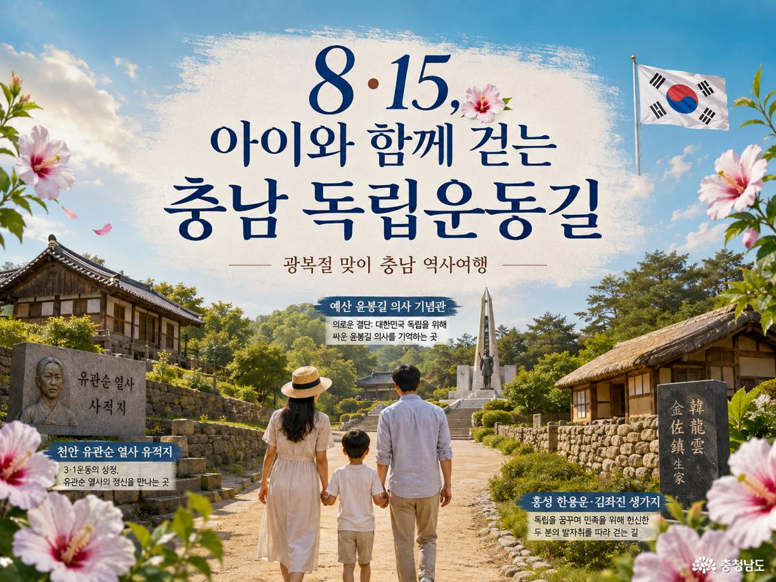 태극기 사이로 아이와 함께 걷는 한 가족의 모습