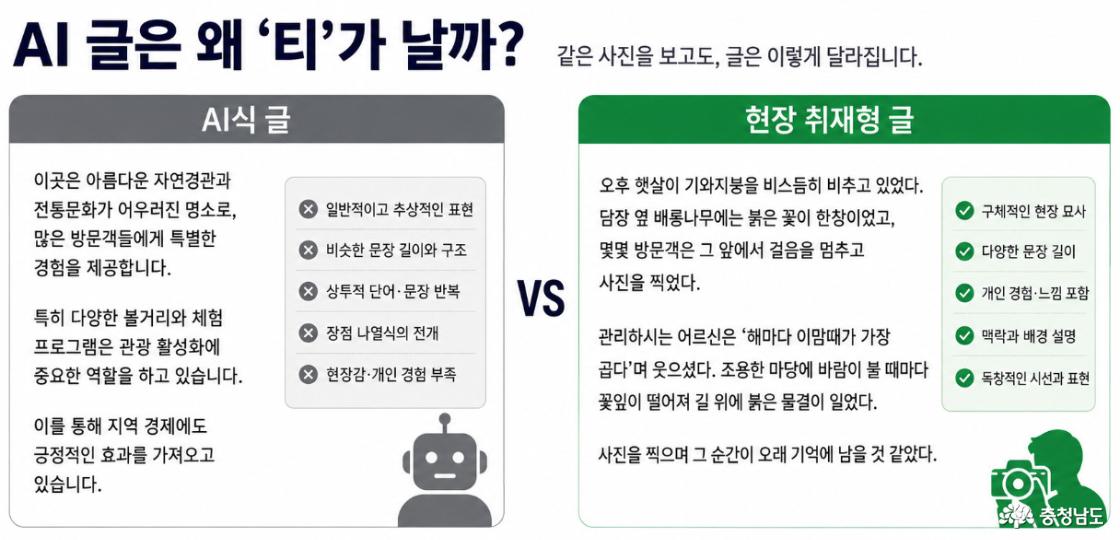 같은 사진을 보고 써도 일반적인 설명에 머무는 글과 현장의 장면&middot;경험&middot;시선이 담긴 글은 확연히 달라진다.