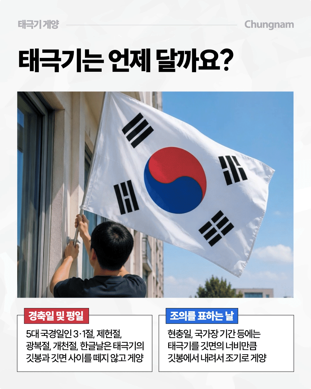 &lsquo;태극기는 언제 달까요?&rsquo;라는 제목과 함께 한 남성이 건물 외벽에 태극기를 직접 설치하는 모습을 크게 보여줍니다. 3&middot;1절, 제헌절, 광복절, 개천절, 한글날 등 5대 국경일과 평일에는 깃봉과 깃면 사이를 떼지 않고 달며, 현충일과 국가장 기간 등 조의를 표하는 날에는 태극기를 깃면의 너비만큼 깃봉에서 내려 조기로 게양한다고 안내합니다.