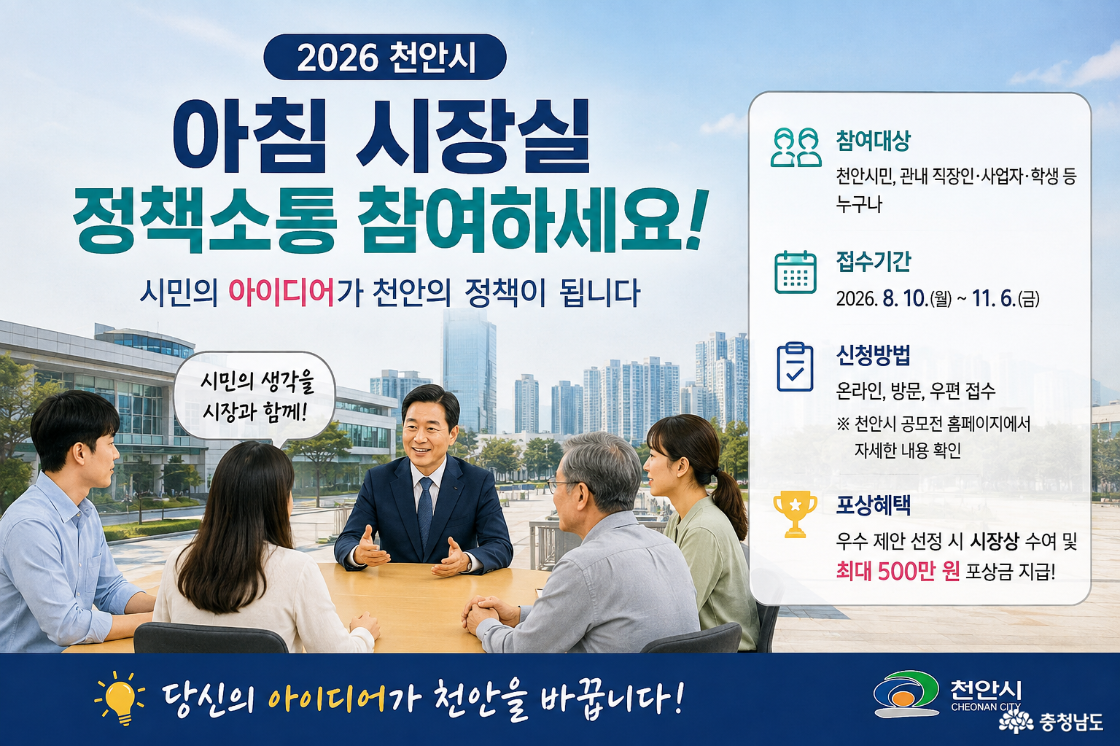 아침 시장실 정책 소통이란 시민이 직접 자신의 아이디어를 발표하고, 시장과 함께 정책 방향을 이야기하는 시민 참여형 정책소통 프로그램입니다.