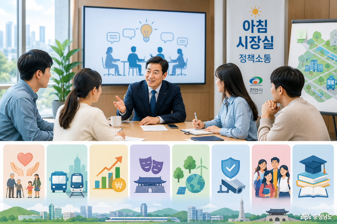 시장실에서 시민들이 불편사항과 해결책을 소통하는 사진을 담아내고 있다.
